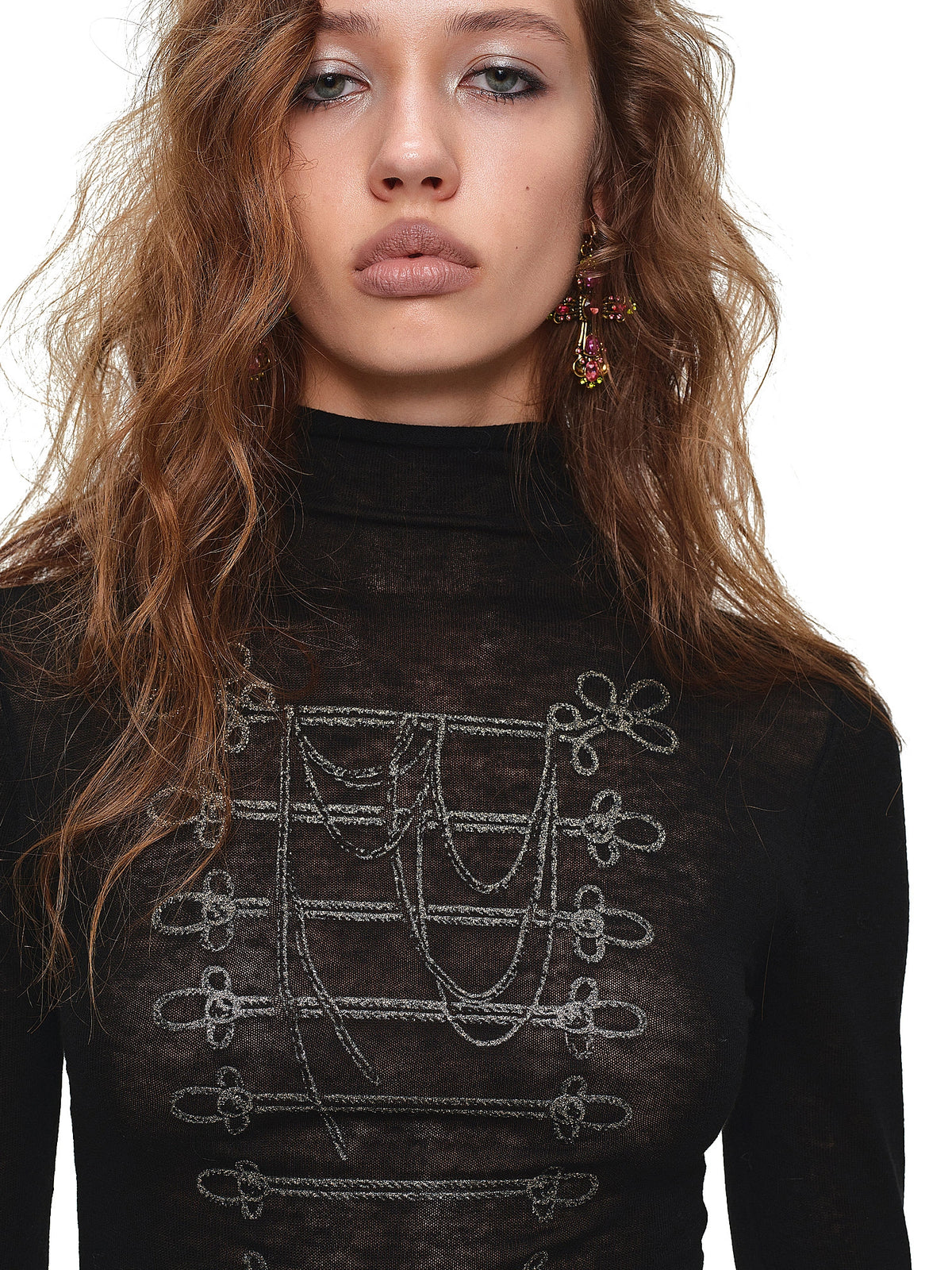 Black Sheer Knit Fitted Long Sleeve Print Top