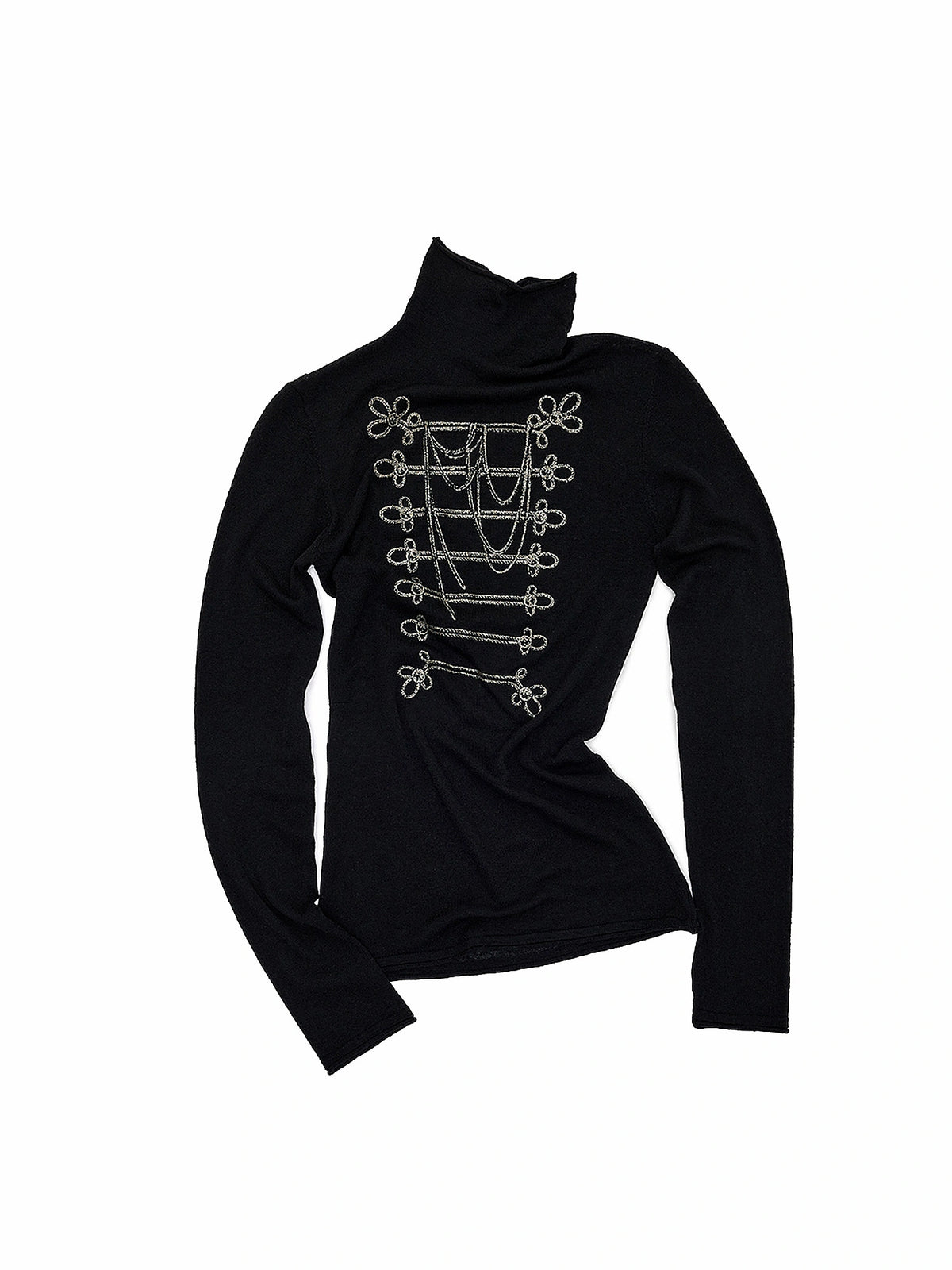 Black Sheer Knit Fitted Long Sleeve Print Top