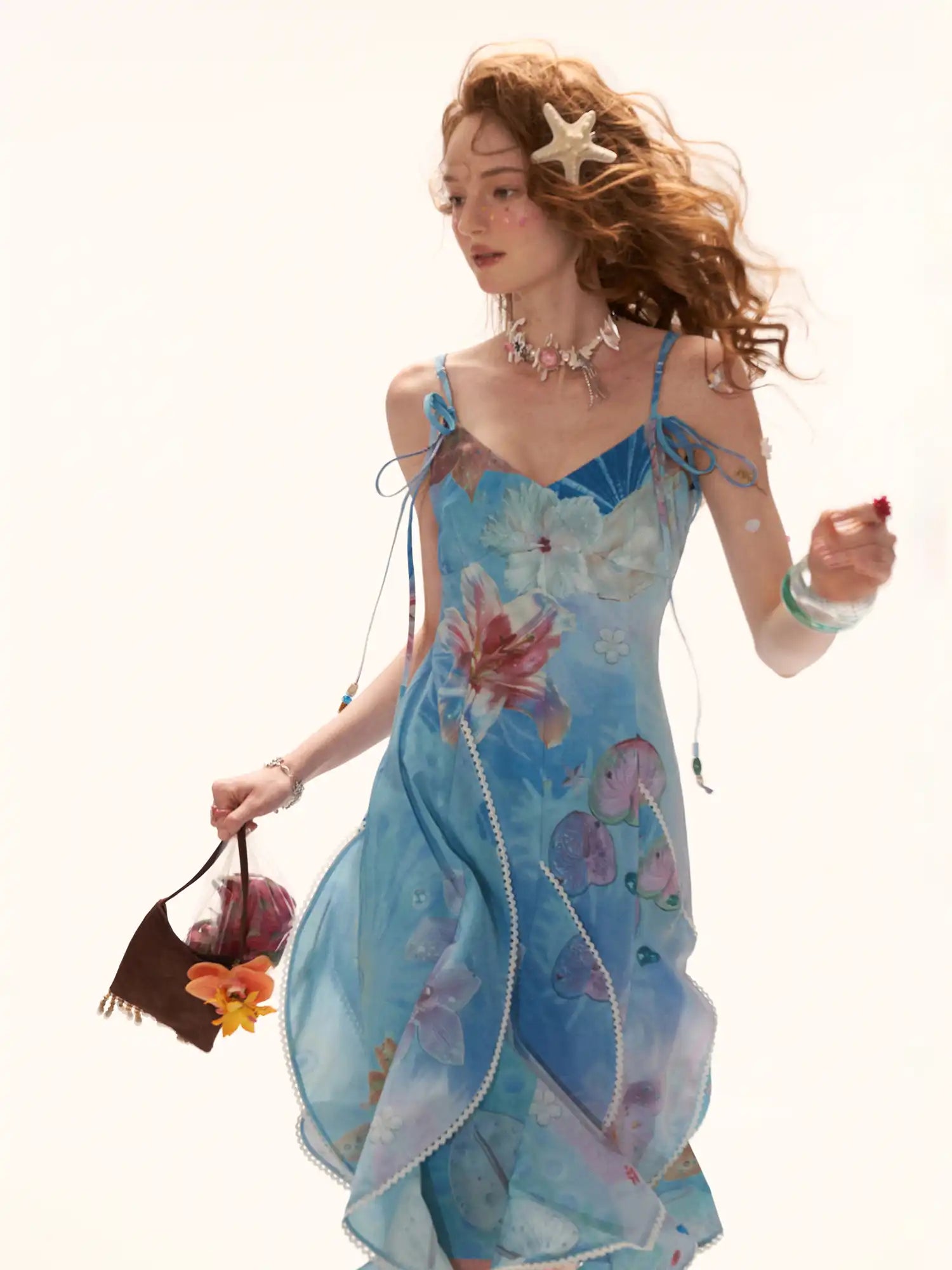 MAMC Blue Ocean Floral Chiffon Midi Slip Dress | Canton Collective