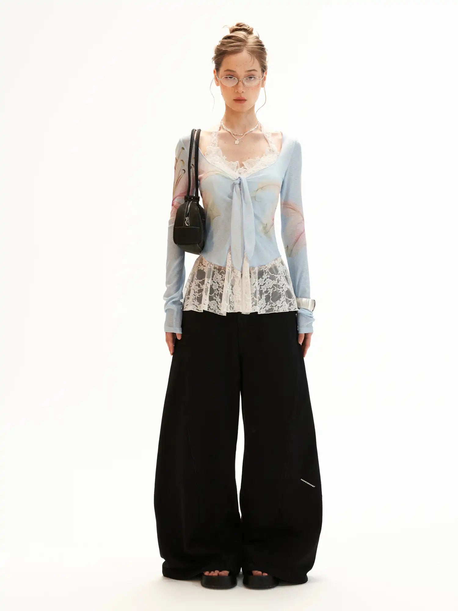 MAMC Blue Watercolor Lily Sheer Tie Front Top | Canton Collective