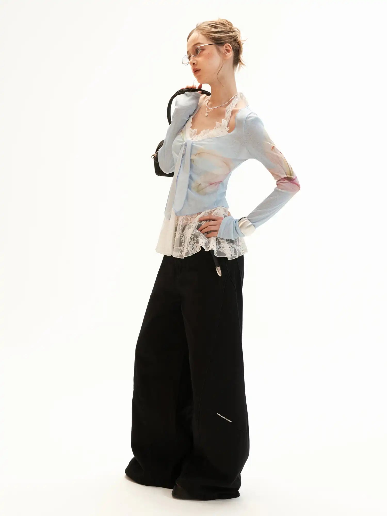 MAMC Blue Watercolor Lily Sheer Tie Front Top | Canton Collective