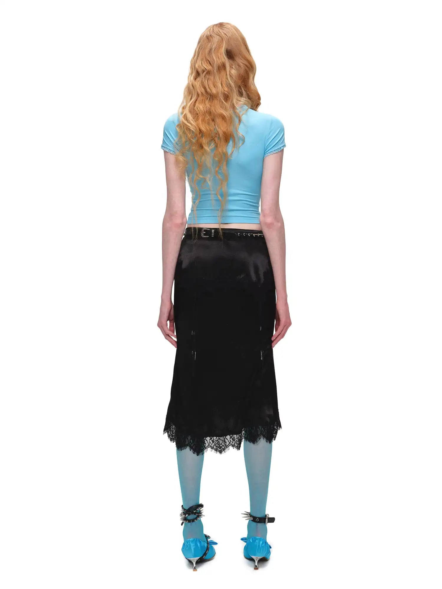 1Jinn Studio Bodycon Satin Lace Trim Midi Skirt | Canton Collective