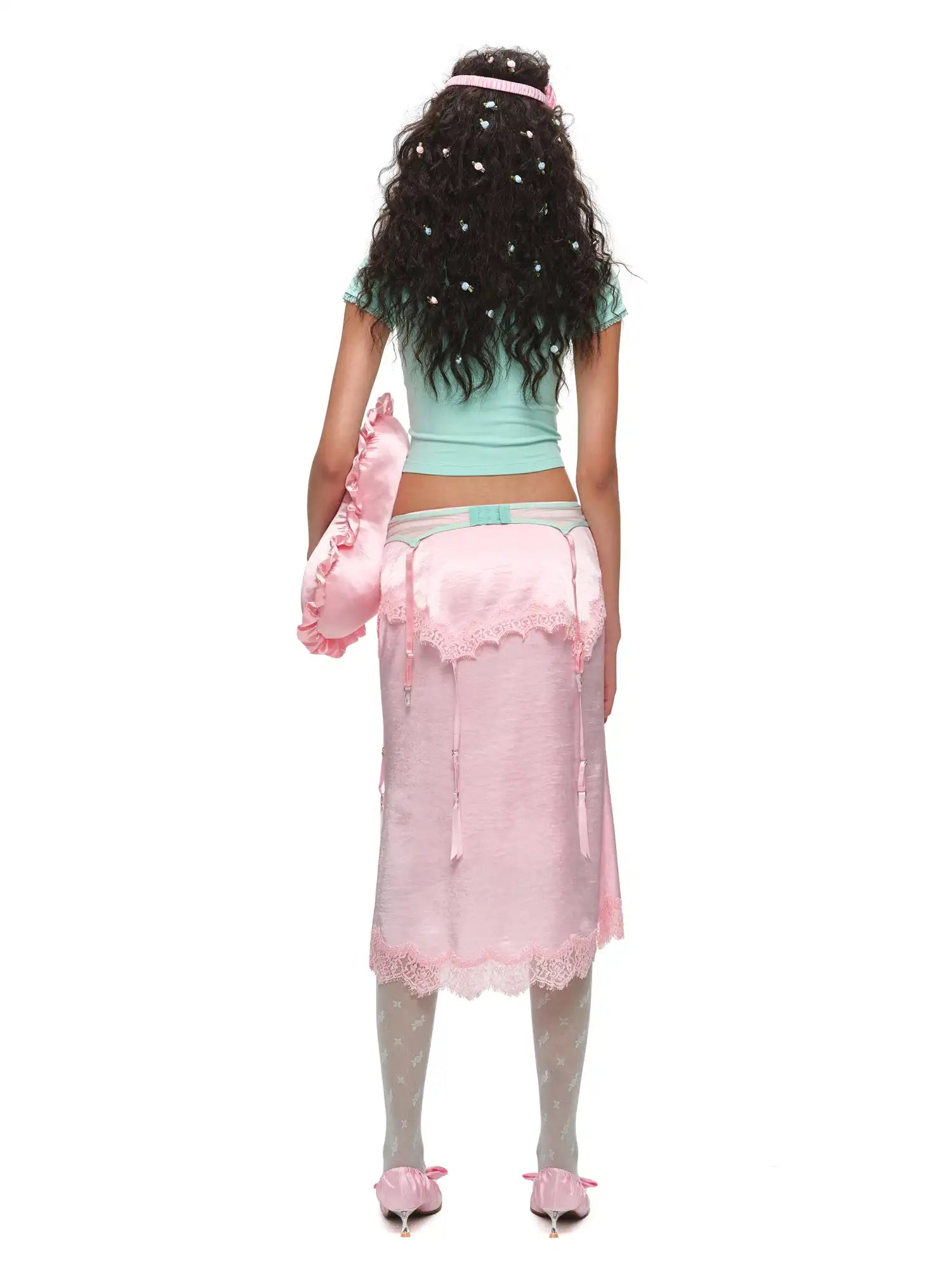 1Jinn Studio Bodycon Satin Lace Trim Midi Skirt | Canton Collective