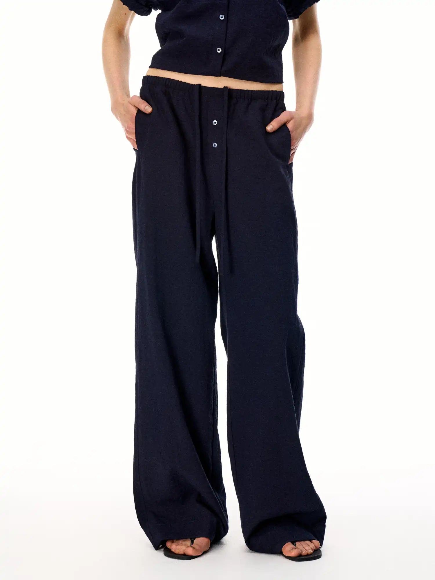 FirstFloor Boho Linen Blend Button Drawstring Resort Baggy Pants | Canton Collective