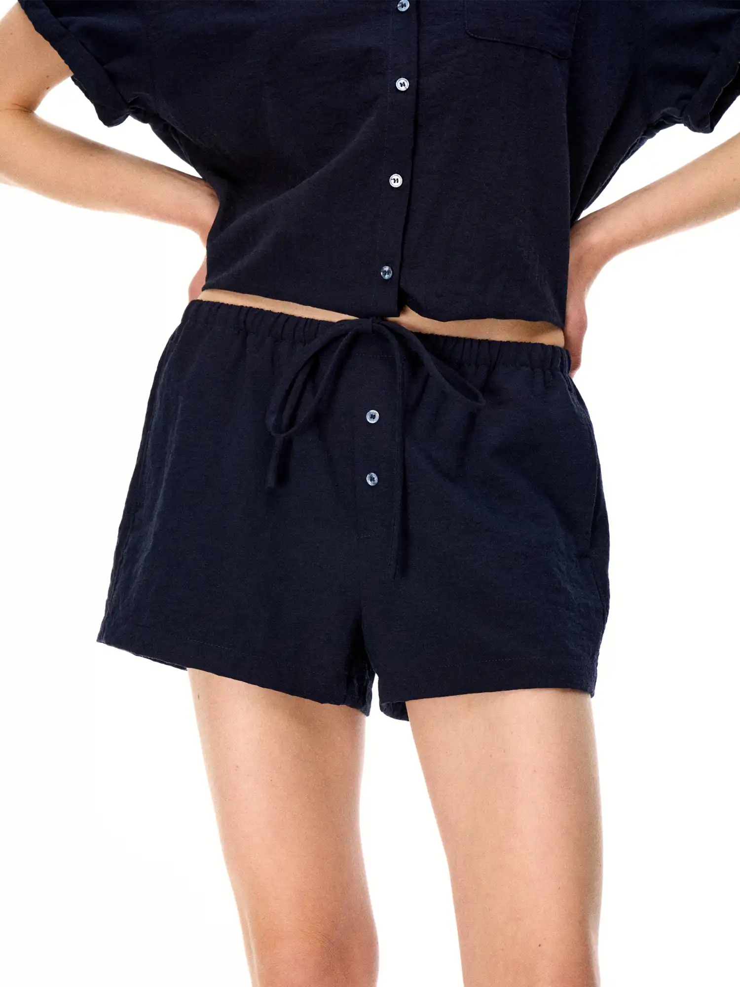 FirstFloor Boho Linen Blend Button Drawstring Resort Shorts | Canton Collective