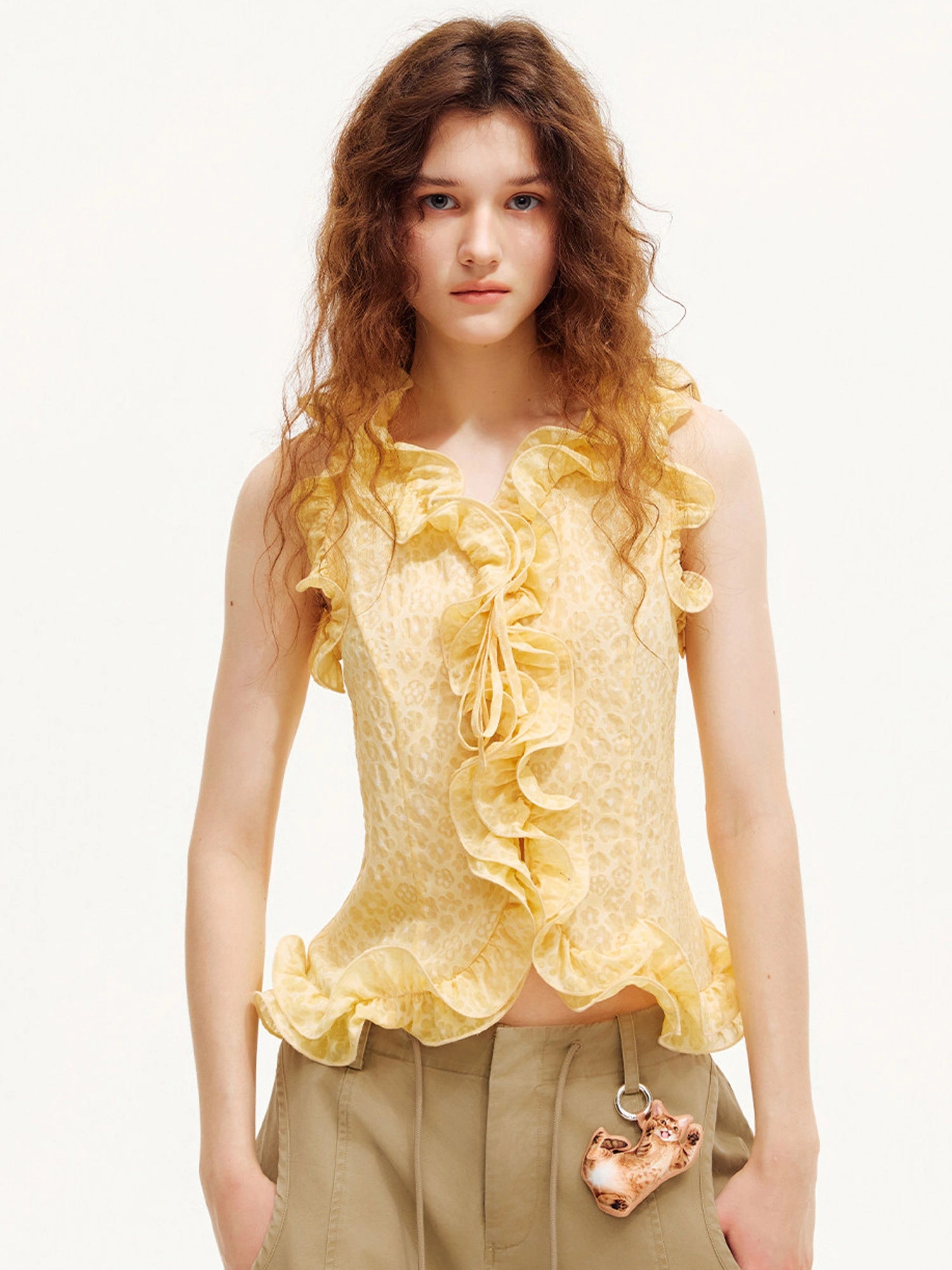 Outtheblue Butter Yellow Textured Floral Ruffle Sleeveless Top | Canton Collective