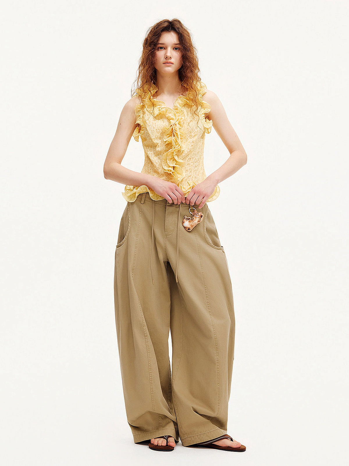 Outtheblue Butter Yellow Textured Floral Ruffle Sleeveless Top | Canton Collective