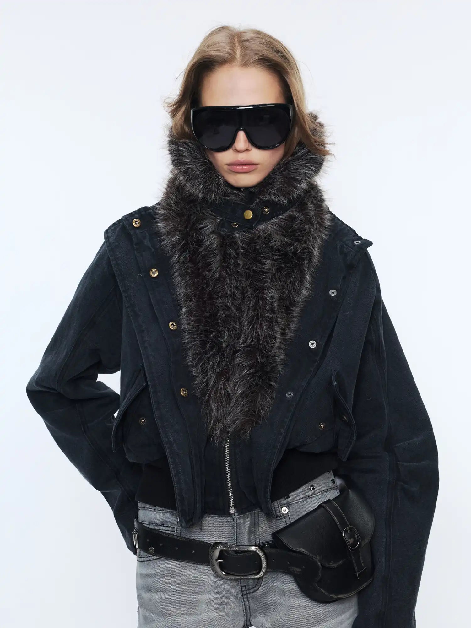 2th Desire Button-Up Fur Collar Jean Bomber Jacket | Canton Collective