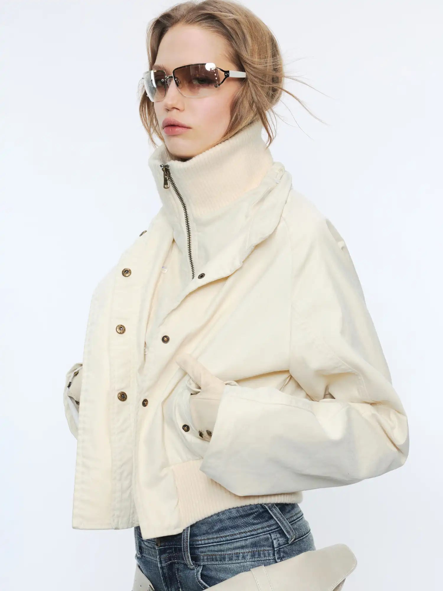 2th Desire Button-Up Fur Collar Jean Bomber Jacket | Canton Collective