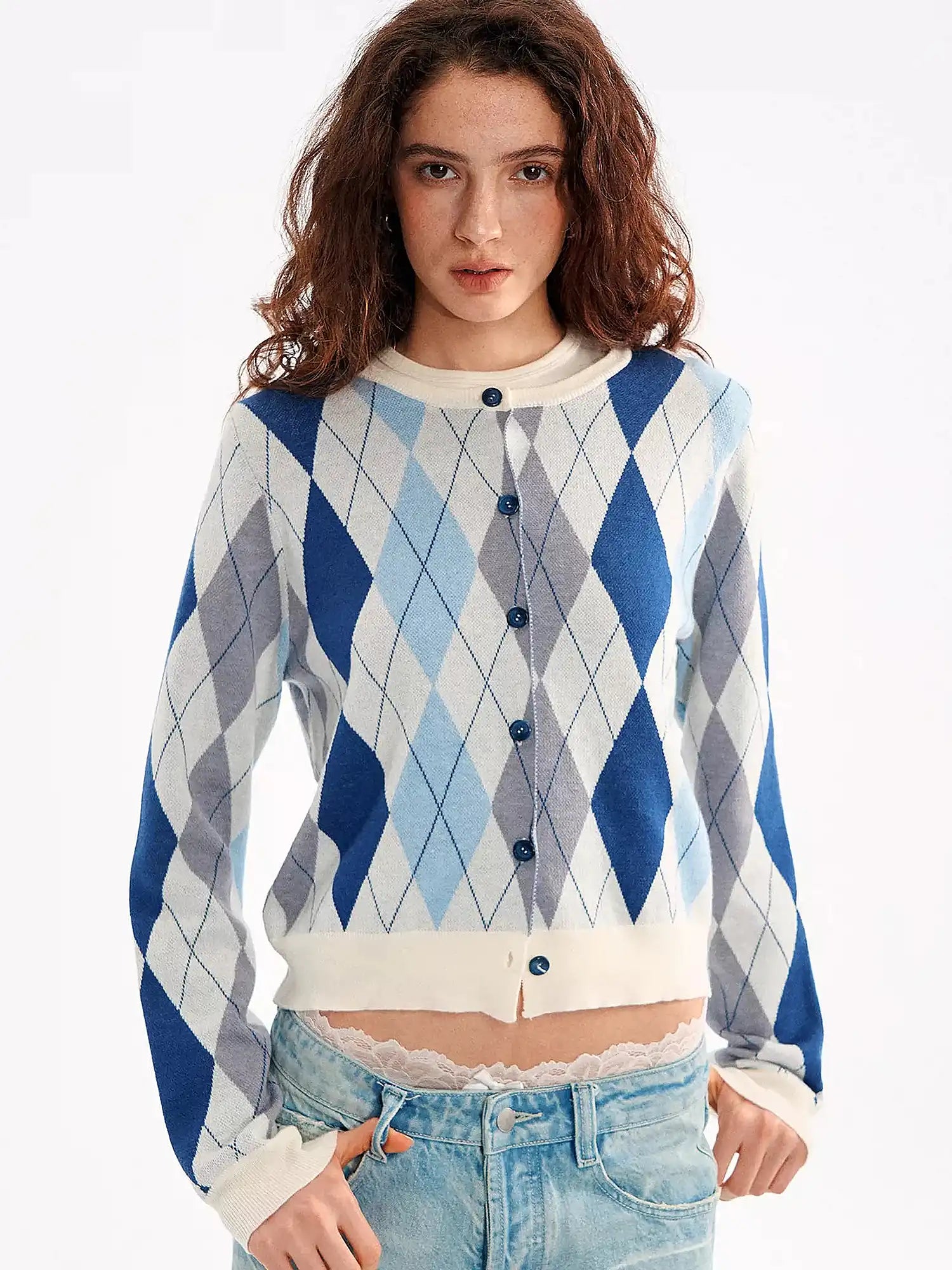 Button Up Argyle Preppy Cardigan