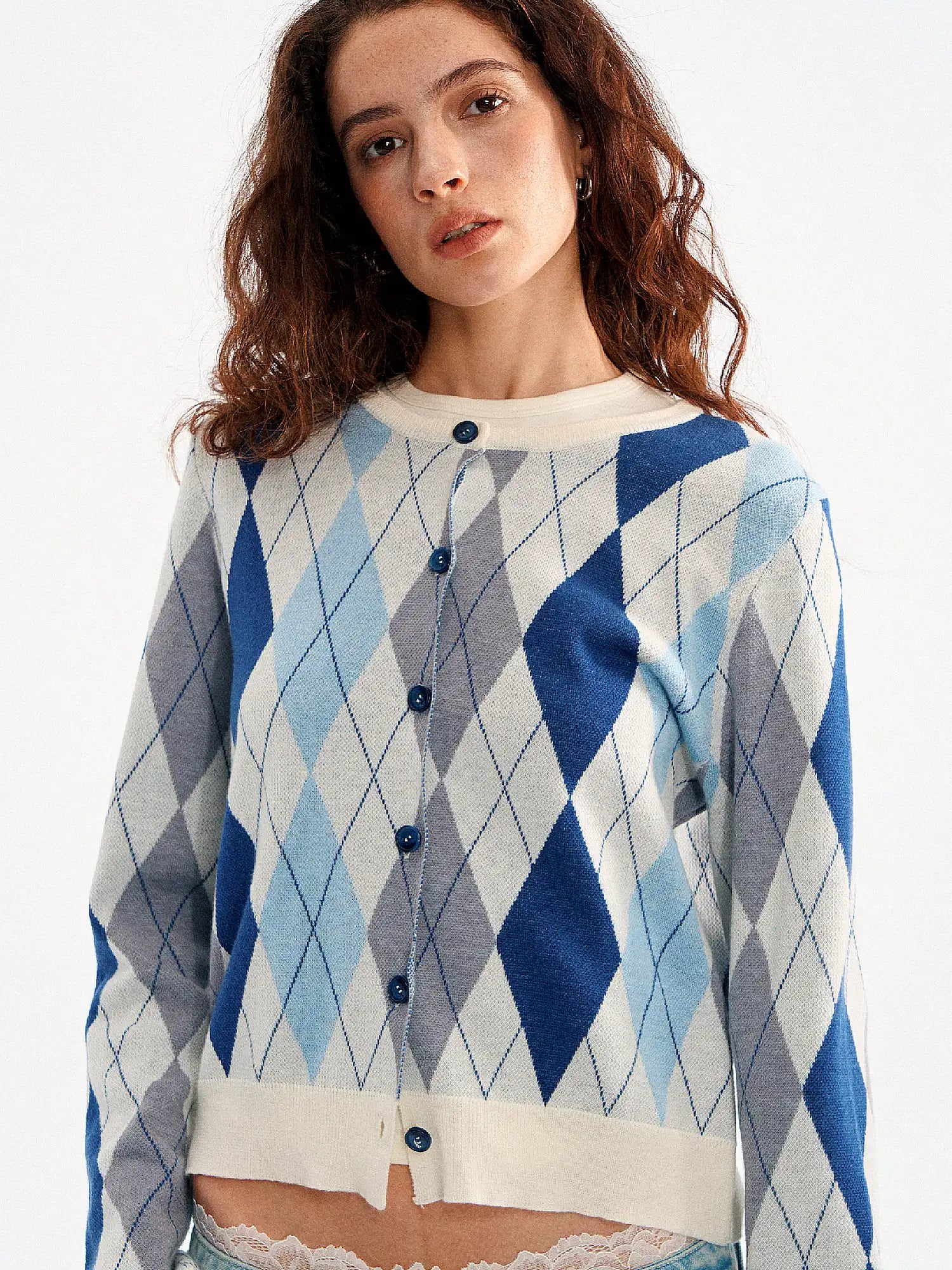 Button Up Argyle Preppy Cardigan