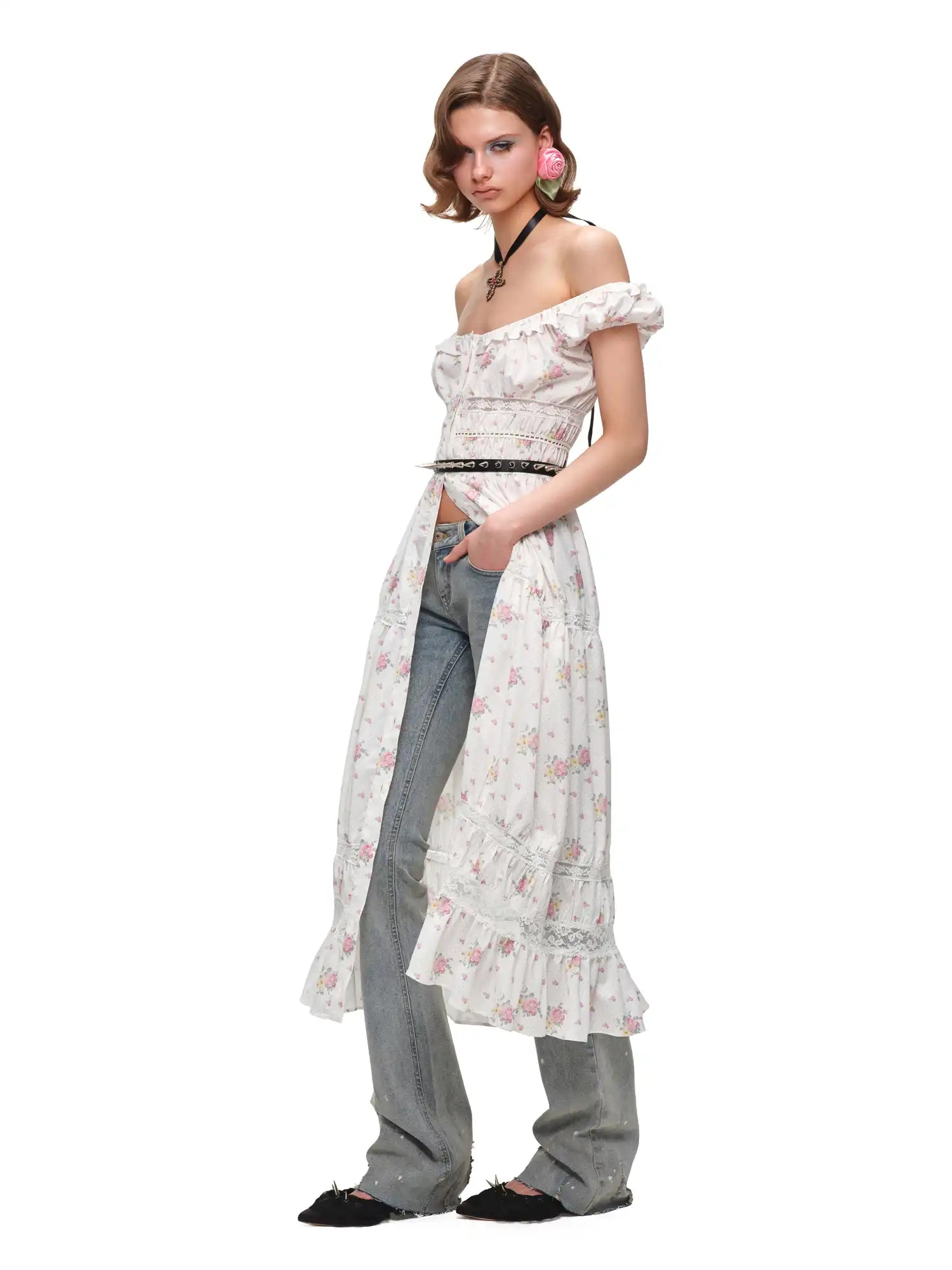 1Jinn Studio Button Up Off Shoulder Floral Midi Dress | Canton Collective