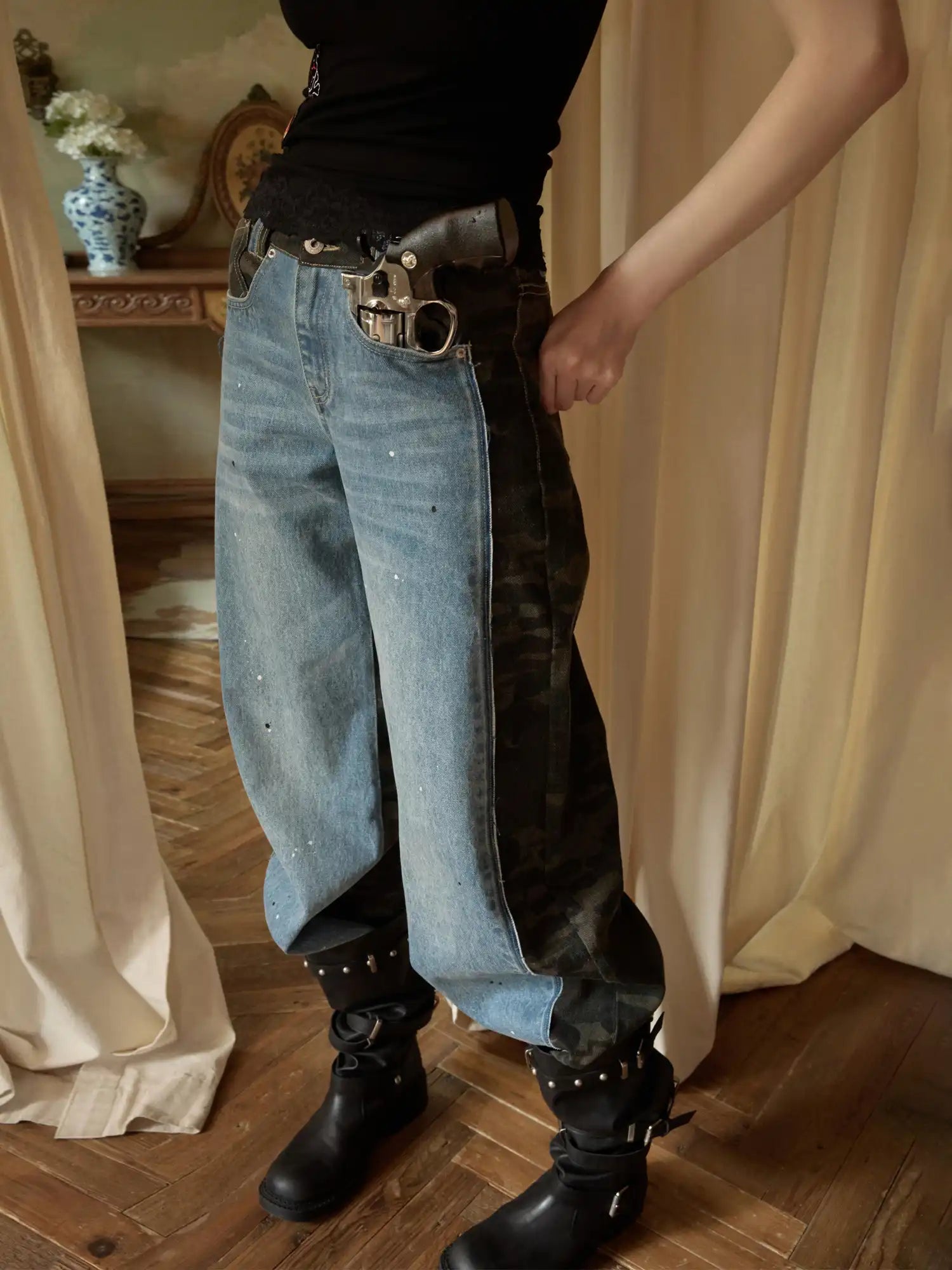 1Jinn Studio Camo Panel Low Rise Y2K Wide Leg Denim | Canton Collective