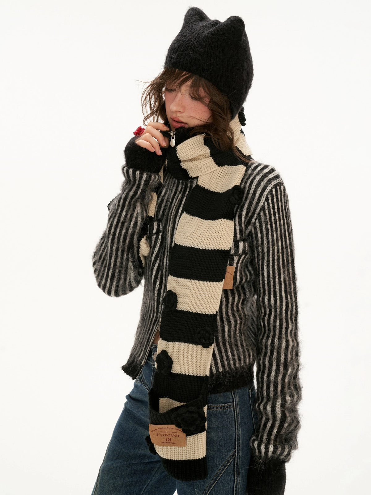 MAMC Cat Ear Striped Knit Zip Cardigan | Canton Collective