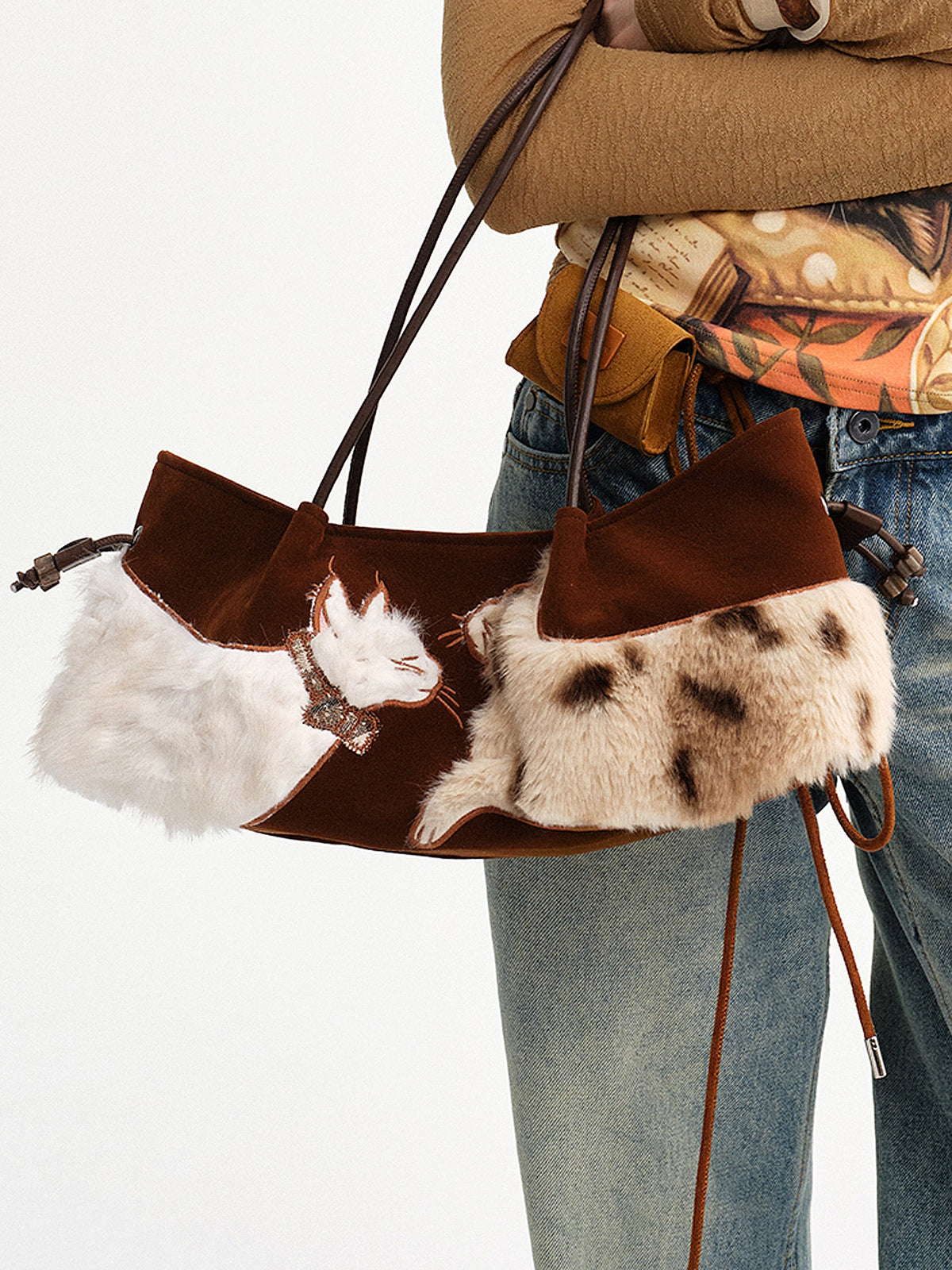 Outtheblue Cat Embroidery Suede Baguette Handbag | Canton Collective