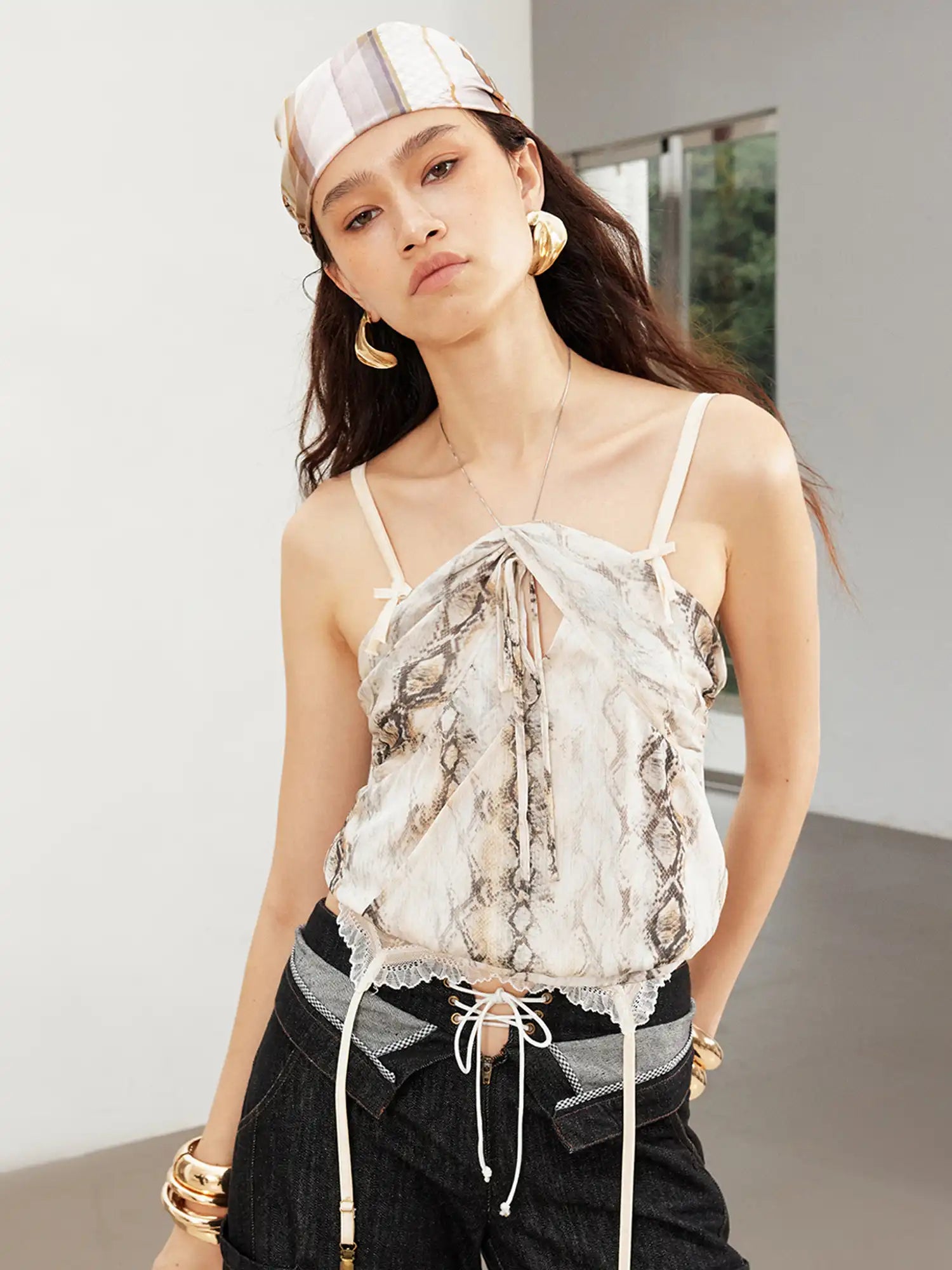 2th Desire Chain Snake Print Pleated Halter Top | Canton Collective
