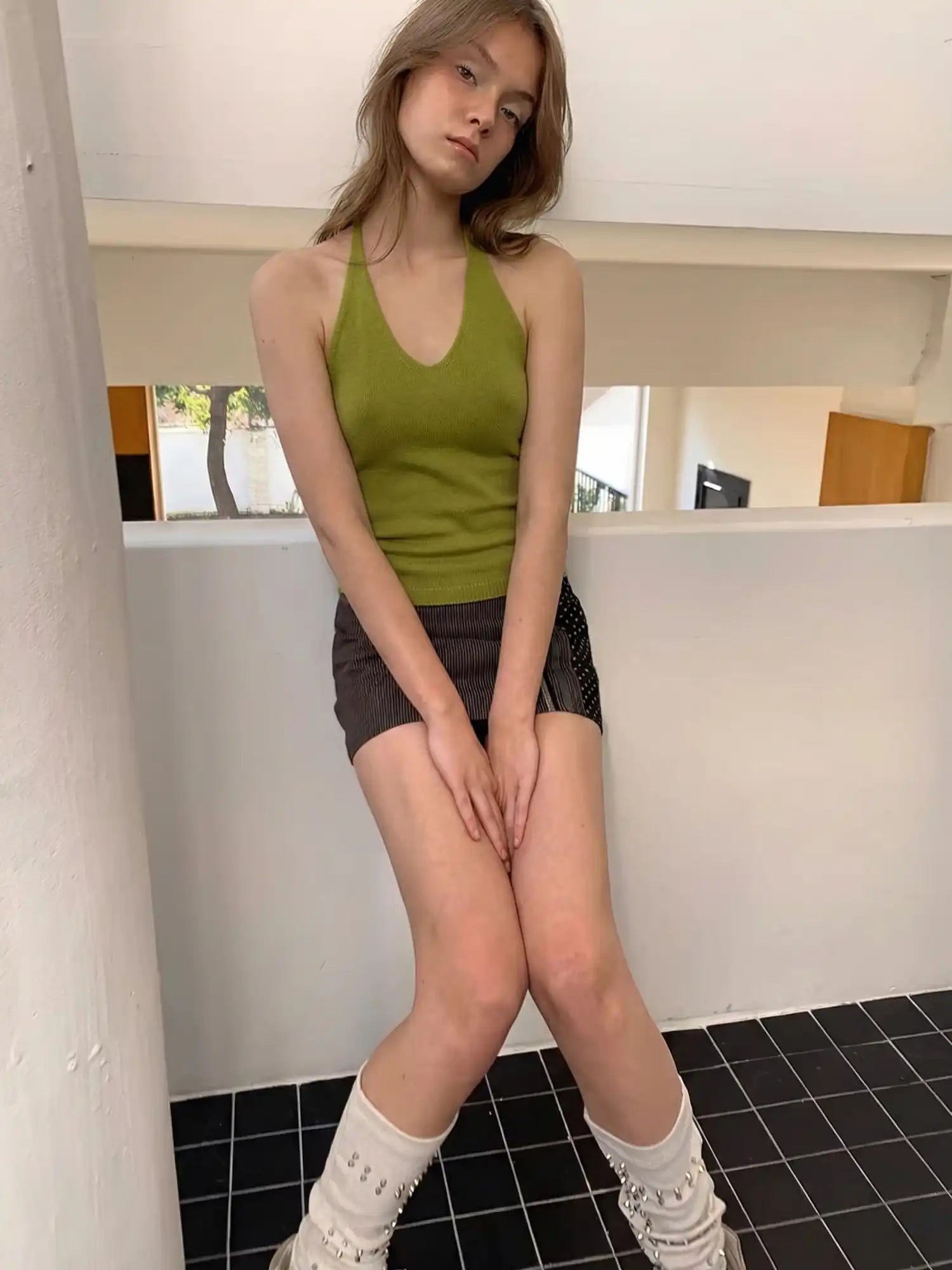 CantonCollective Design Chartreuse Green Knit Halter Top with Deep U-Neck for Summer Styling | Canton Collective