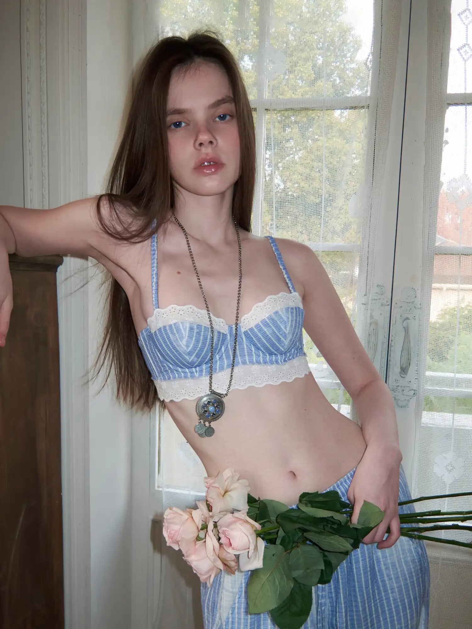 1Jinn Studio Coastal Girl Bleached Ice Blue Pinstripe Lace Trim Bralette | Canton Collective