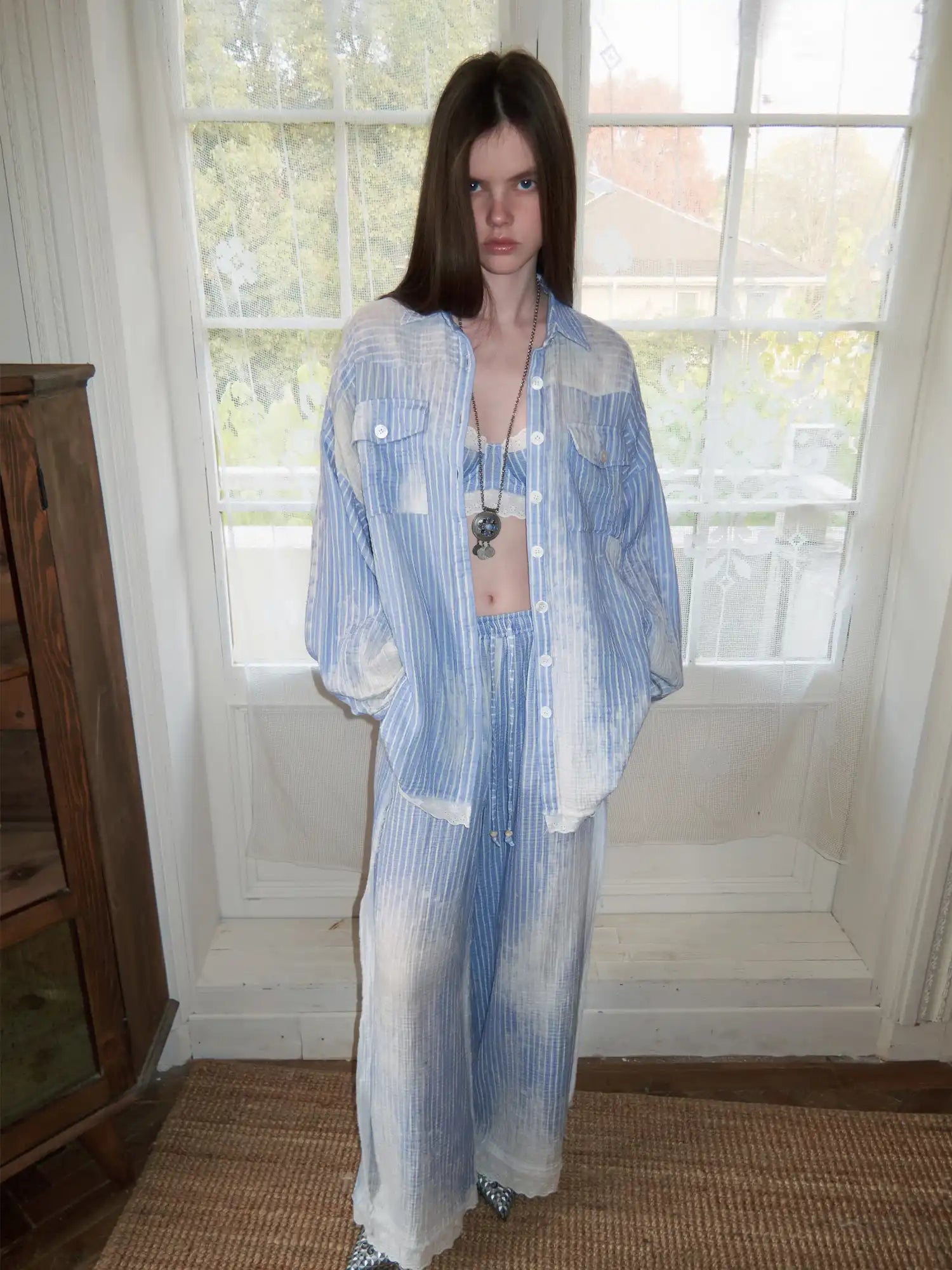 1Jinn Studio Coastal Girl Bleached Ice Blue Pinstripe Lace Trim Bralette | Canton Collective