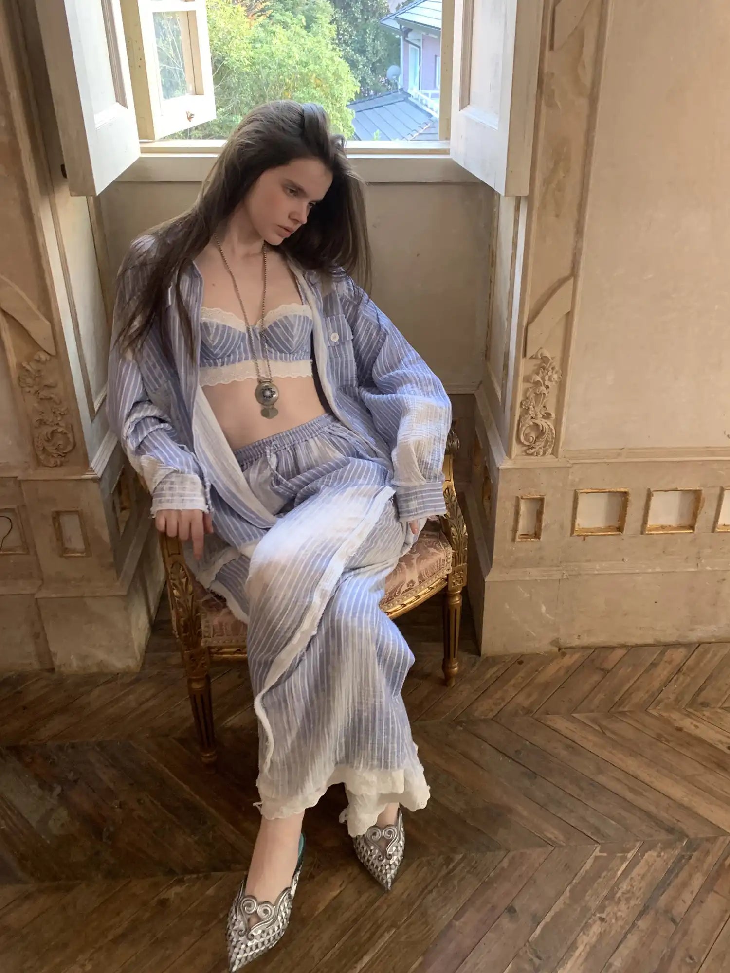 1Jinn Studio Coastal Girl Bleached Ice Blue Pinstripe Lace Trim Bralette | Canton Collective