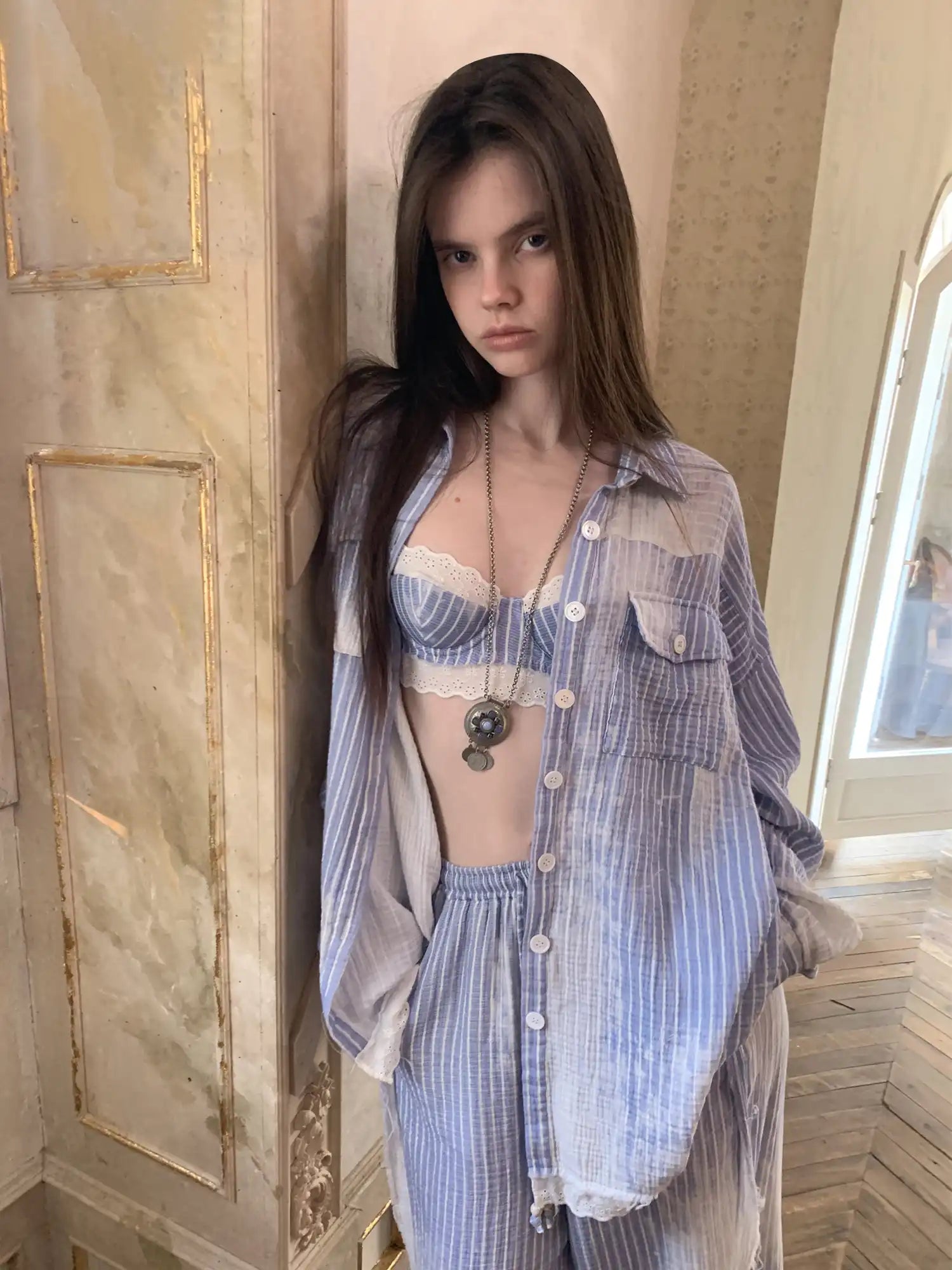 1Jinn Studio Coastal Girl Bleached Ice Blue Pinstripe Shirt | Canton Collective