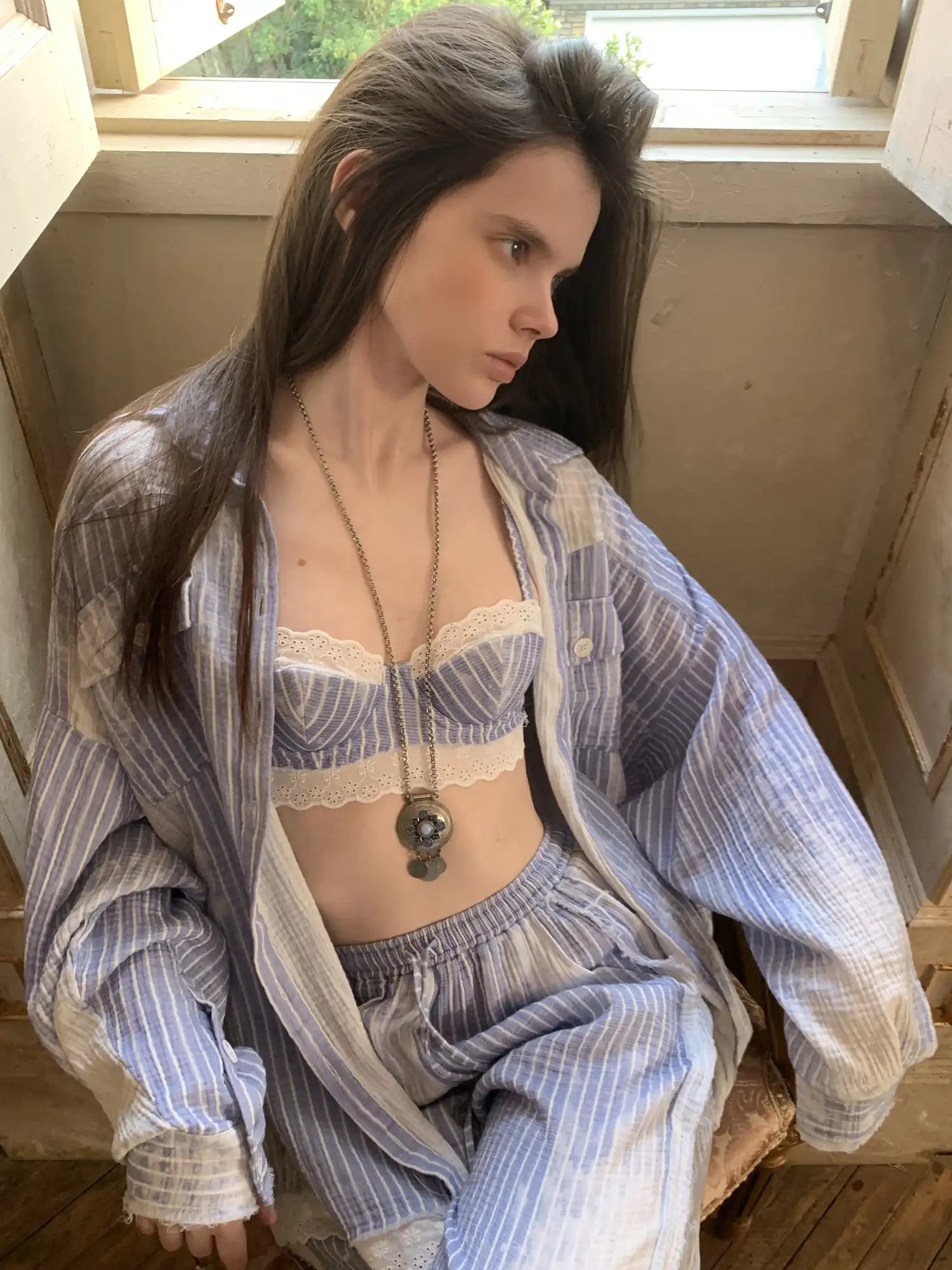 1Jinn Studio Coastal Girl Bleached Ice Blue Pinstripe Shirt | Canton Collective