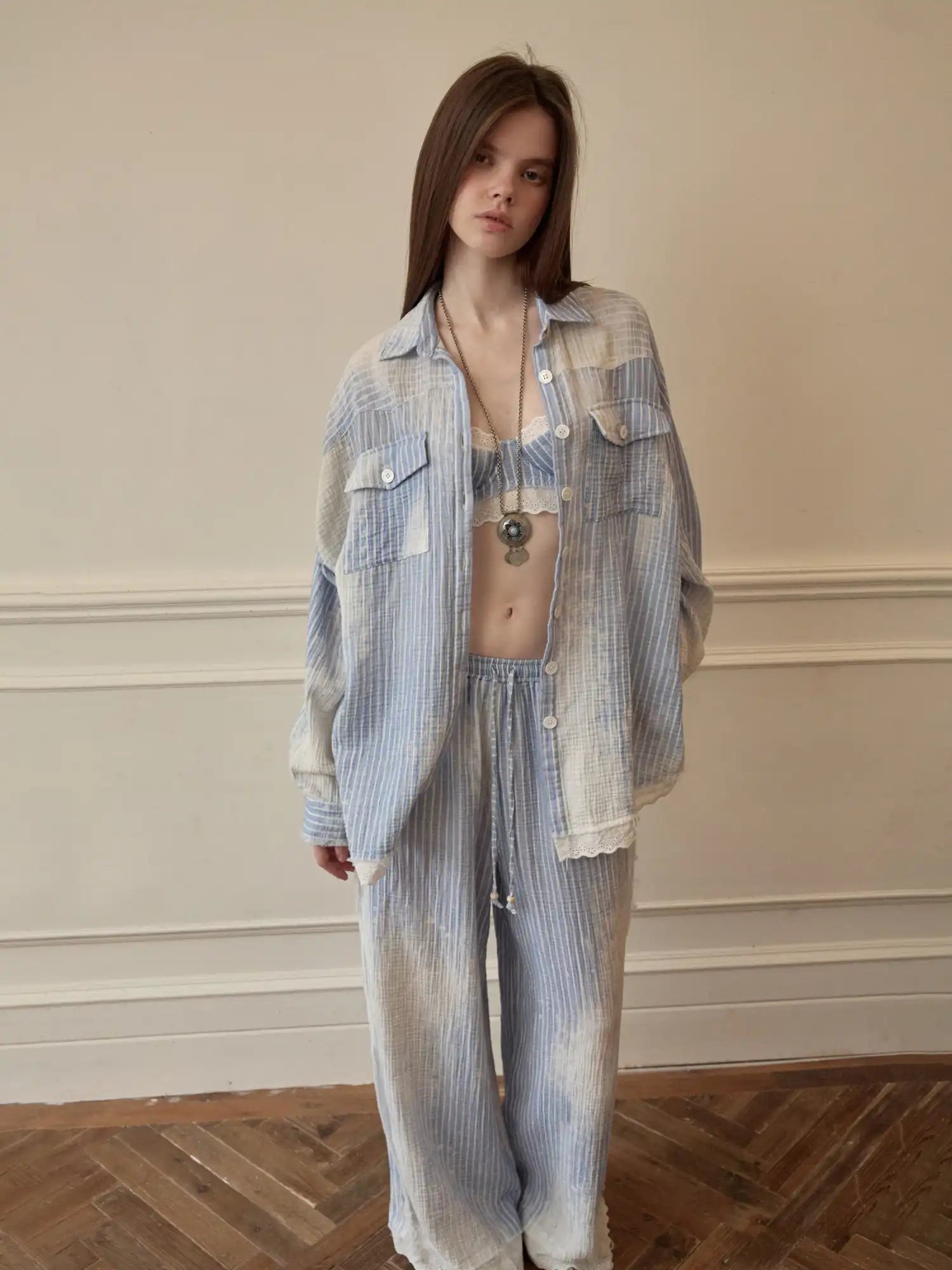 1Jinn Studio Coastal Girl Bleached Ice Blue Pinstripe Shirt | Canton Collective
