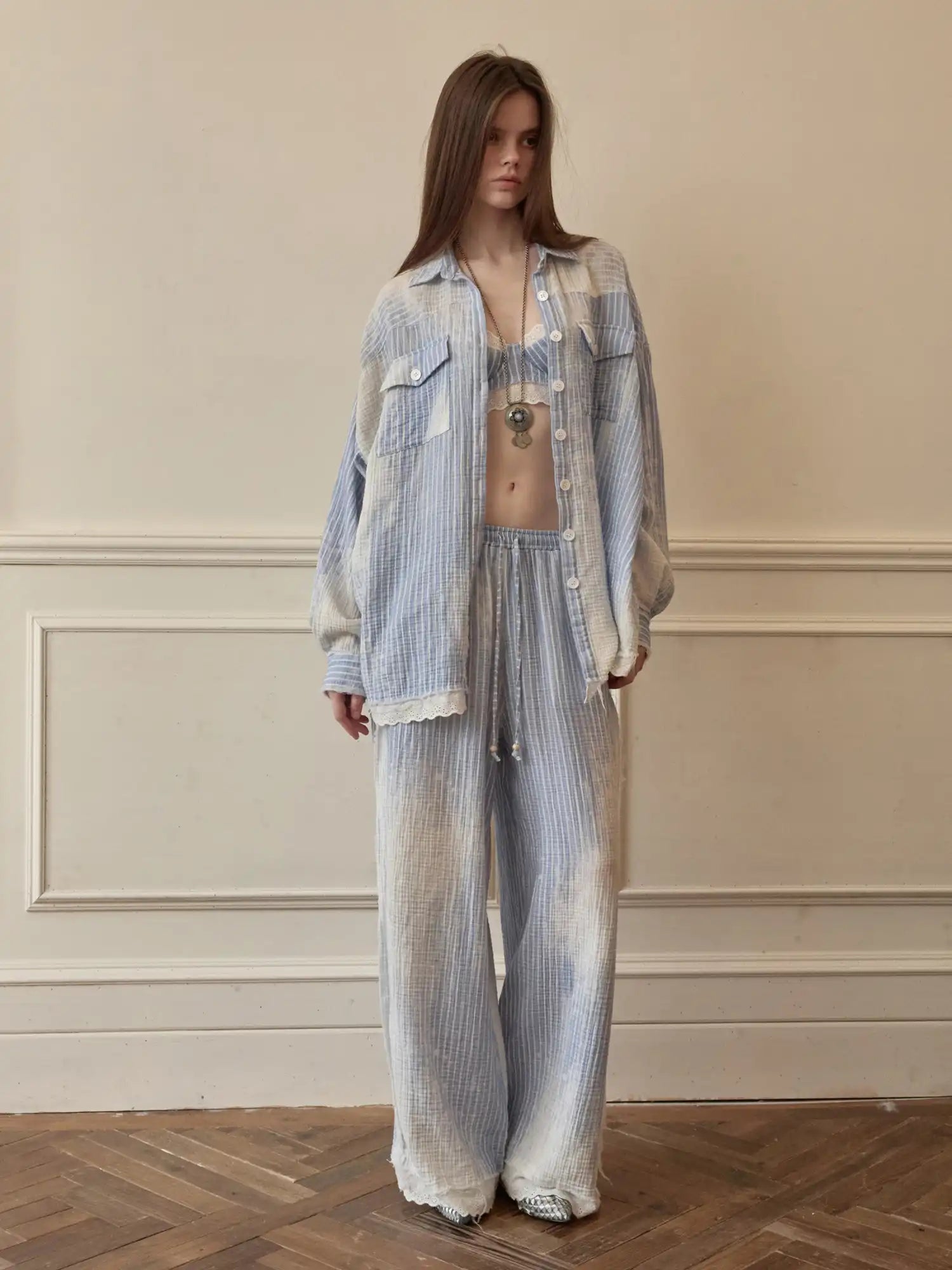 1Jinn Studio Coastal Girl Bleached Ice Blue Pinstripe Shirt | Canton Collective