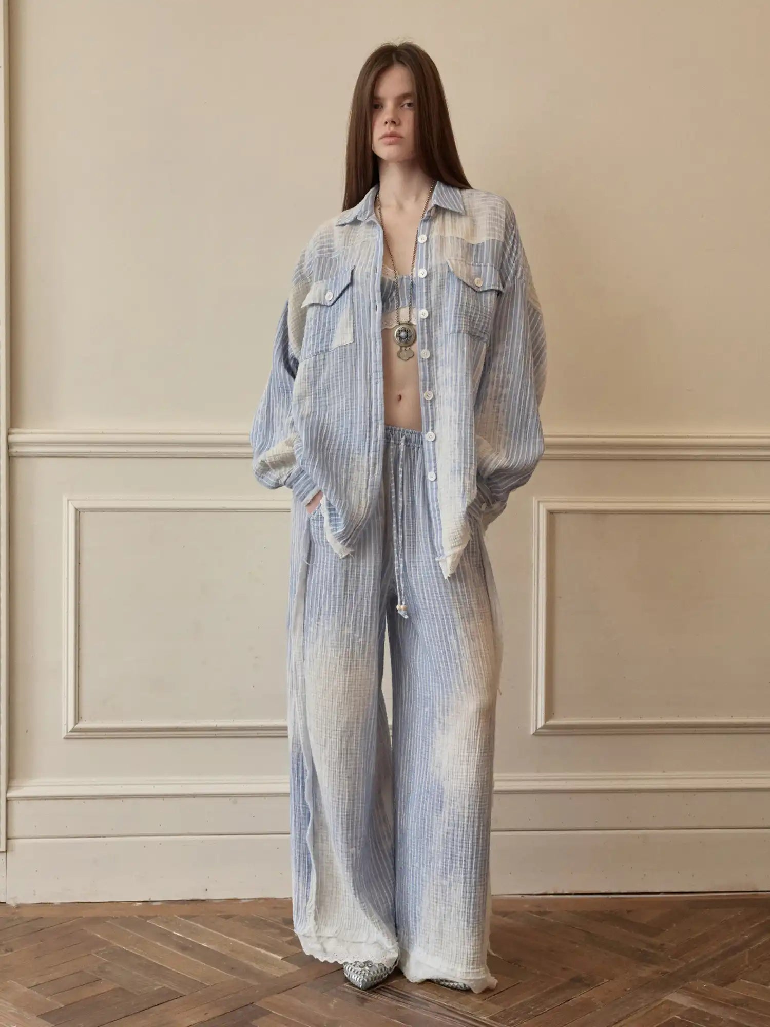 1Jinn Studio Coastal Girl Bleached Ice Blue Pinstripe Shirt | Canton Collective