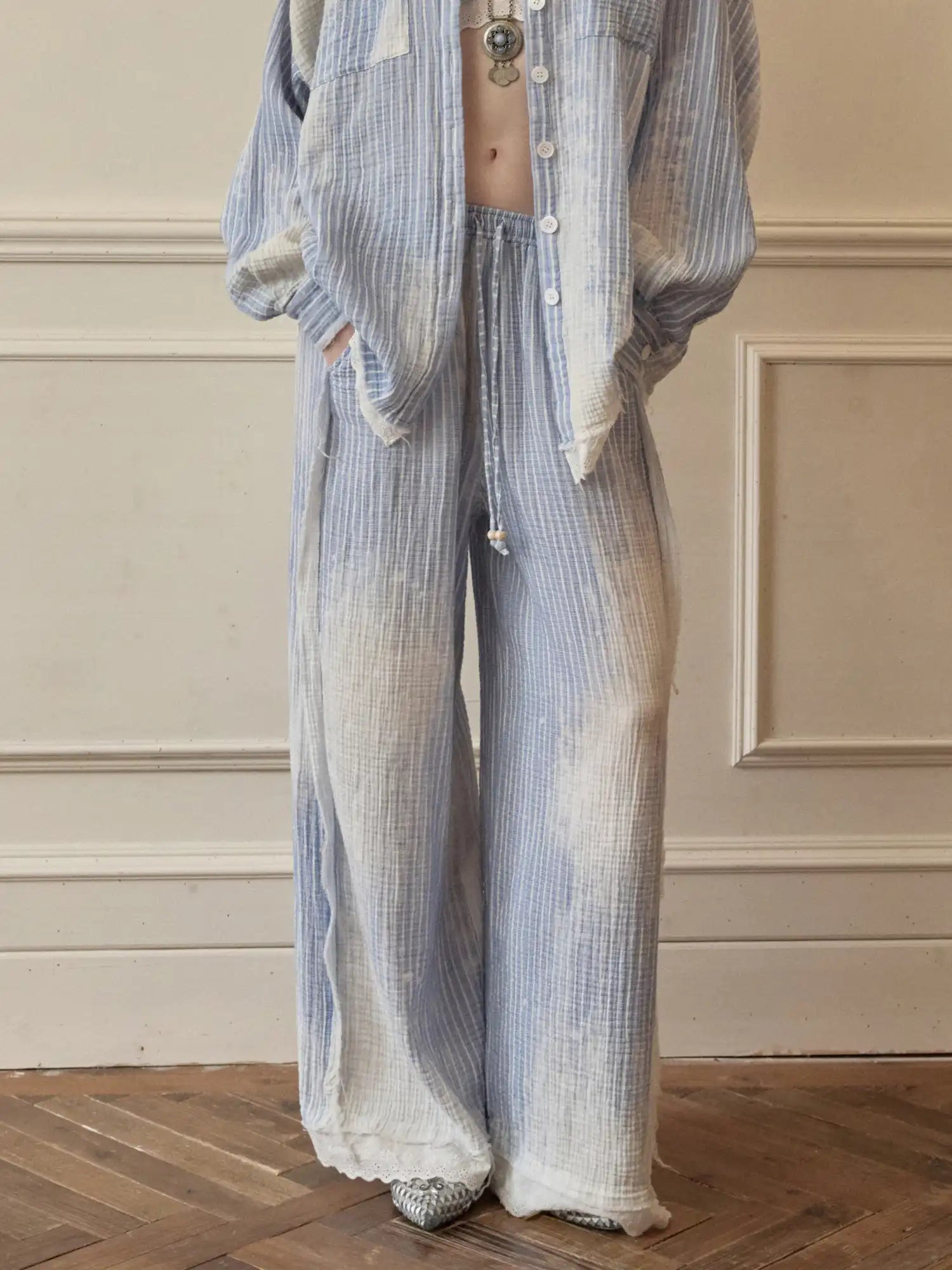 1Jinn Studio Coastal Girl Bleached Ice Blue Pinstripe Trousers | Canton Collective