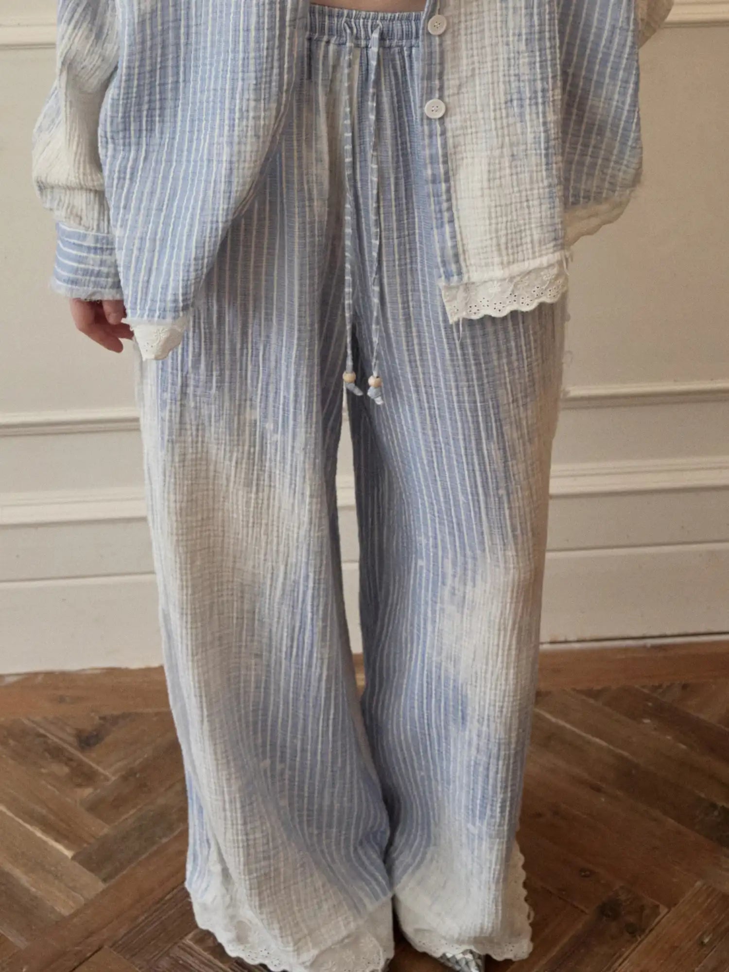 1Jinn Studio Coastal Girl Bleached Ice Blue Pinstripe Trousers | Canton Collective