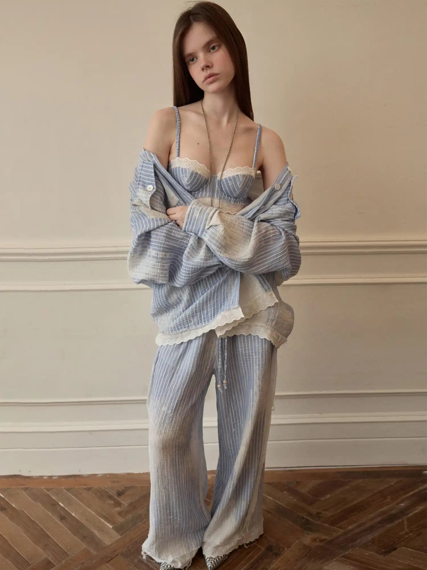 1Jinn Studio Coastal Girl Bleached Ice Blue Pinstripe Trousers | Canton Collective
