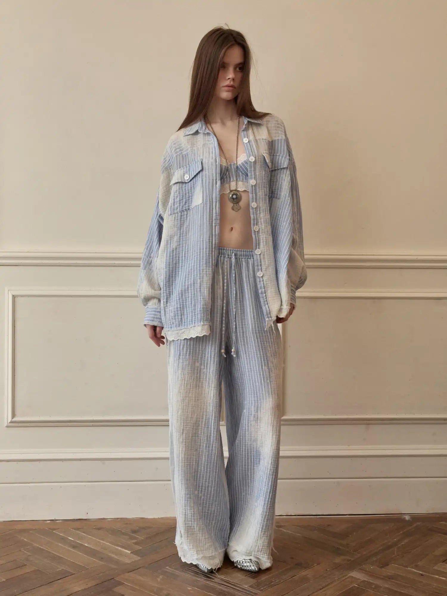 1Jinn Studio Coastal Girl Bleached Ice Blue Pinstripe Trousers | Canton Collective