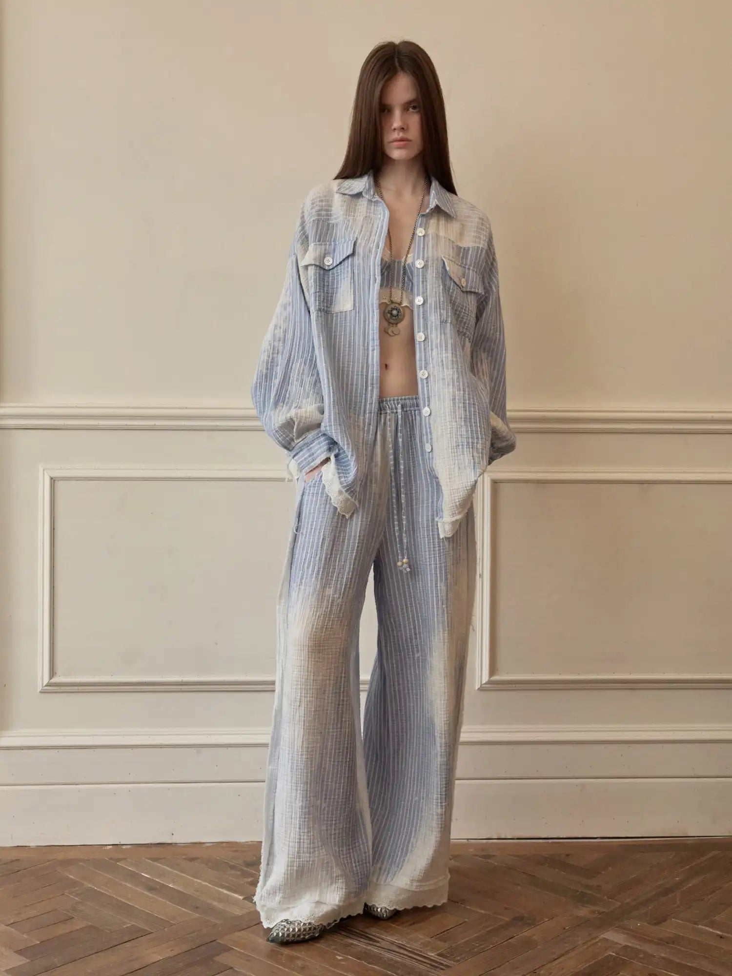 1Jinn Studio Coastal Girl Bleached Ice Blue Pinstripe Trousers | Canton Collective