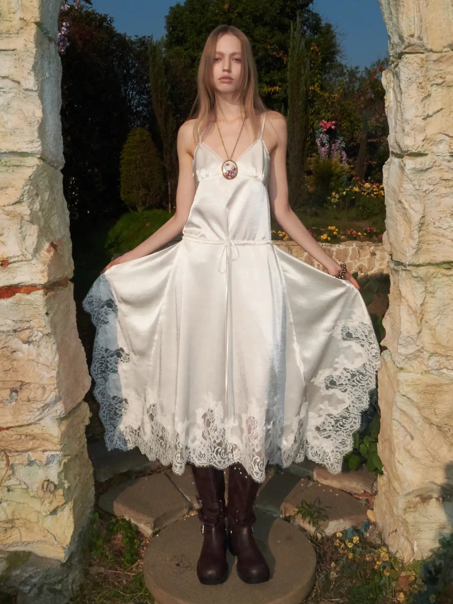 1Jinn Studio Coquette Lace Plaid Asymmetrical Satin Slip Midi Dress | Canton Collective