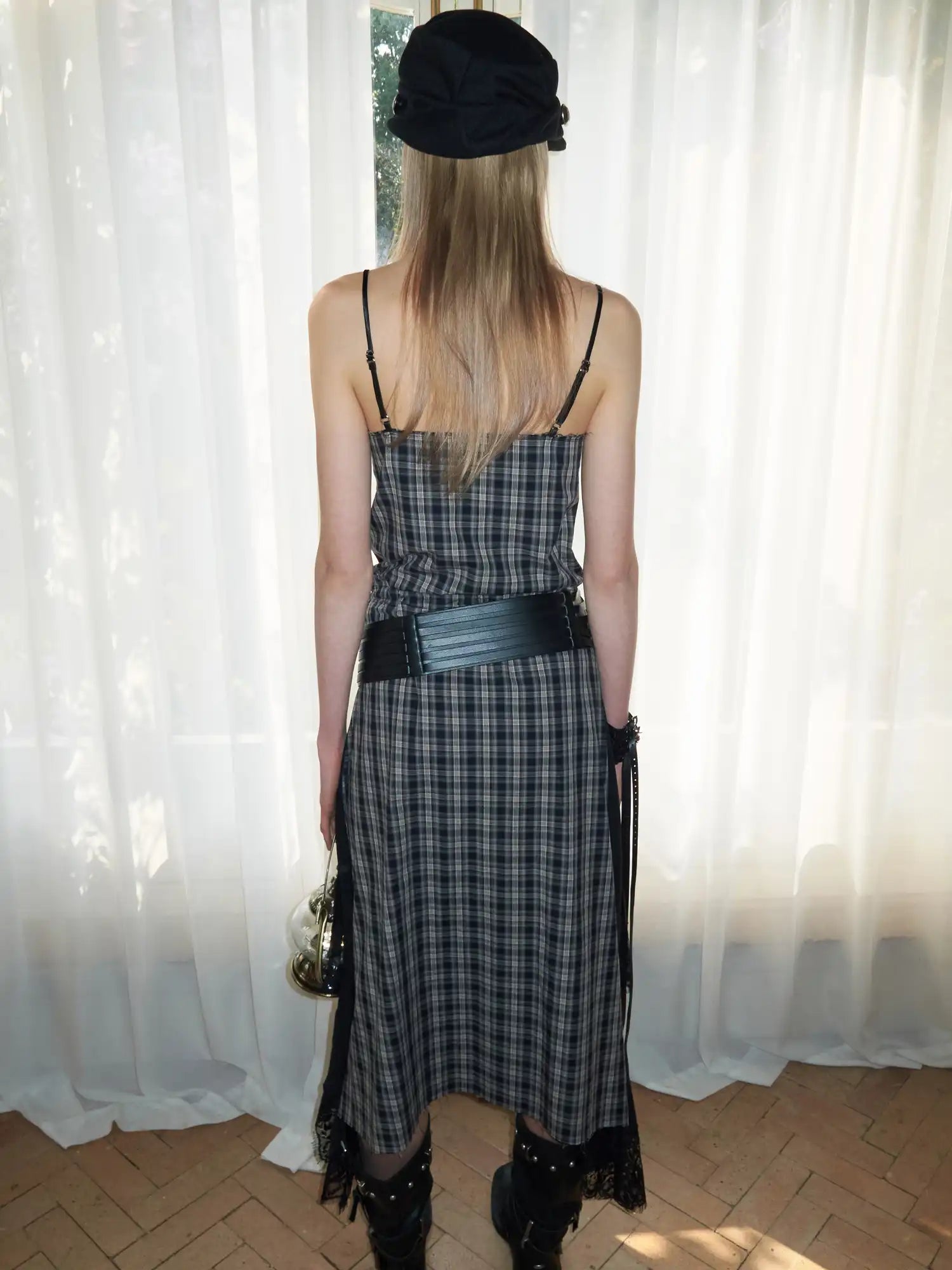 1Jinn Studio Coquette Lace Plaid Asymmetrical Satin Slip Midi Dress | Canton Collective