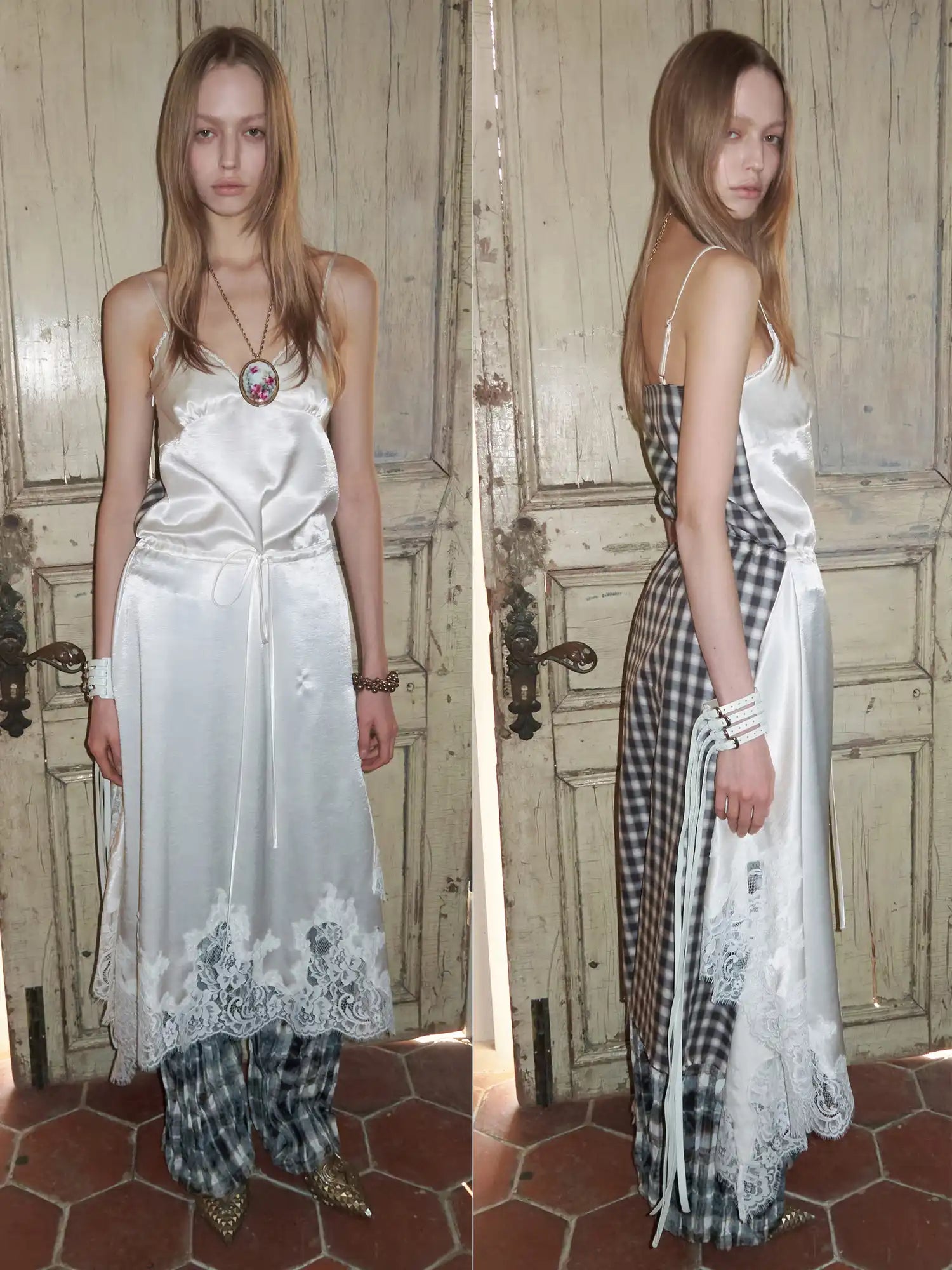 1Jinn Studio Coquette Lace Plaid Asymmetrical Satin Slip Midi Dress | Canton Collective