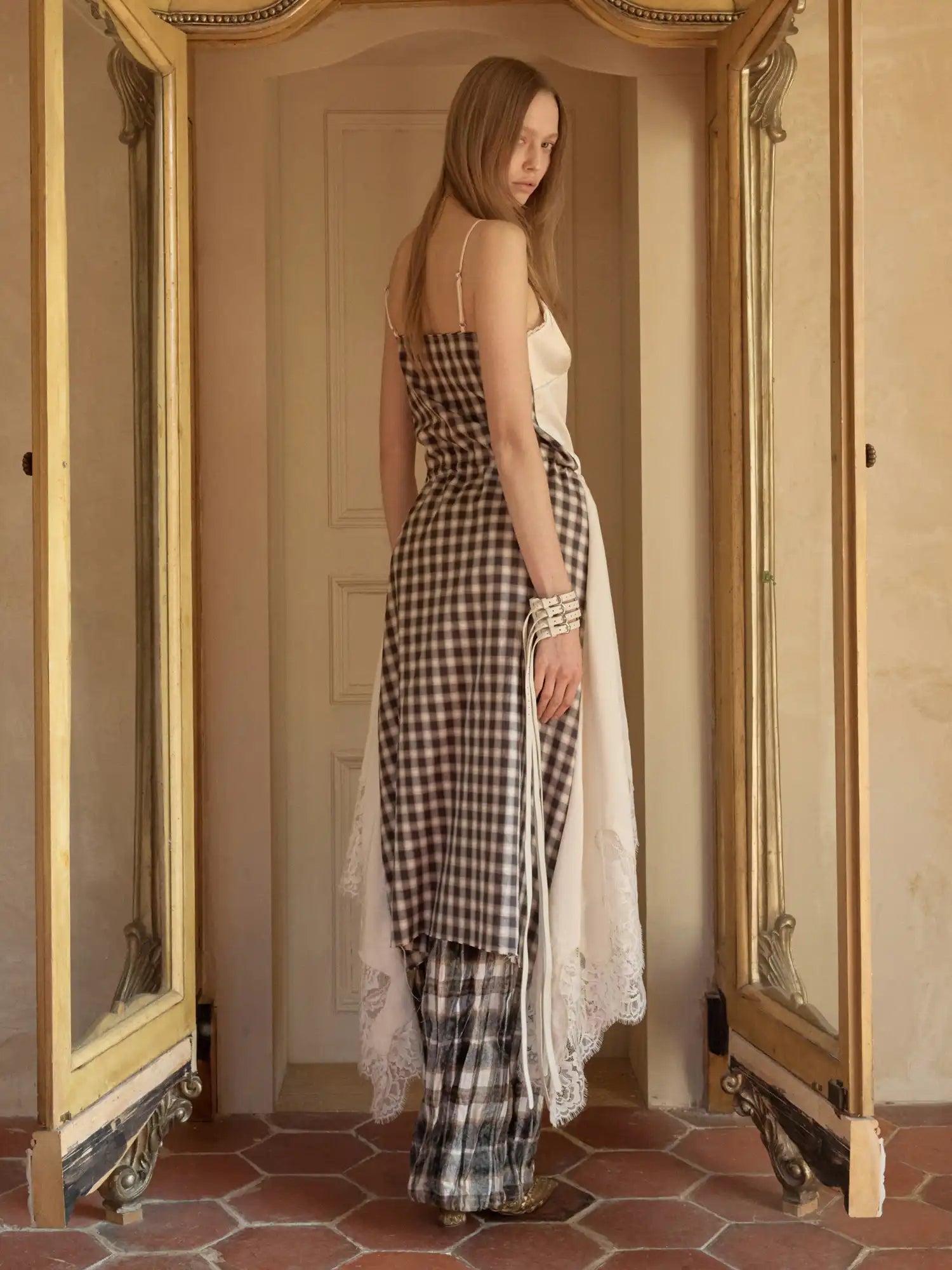 1Jinn Studio Coquette Lace Plaid Asymmetrical Satin Slip Midi Dress | Canton Collective