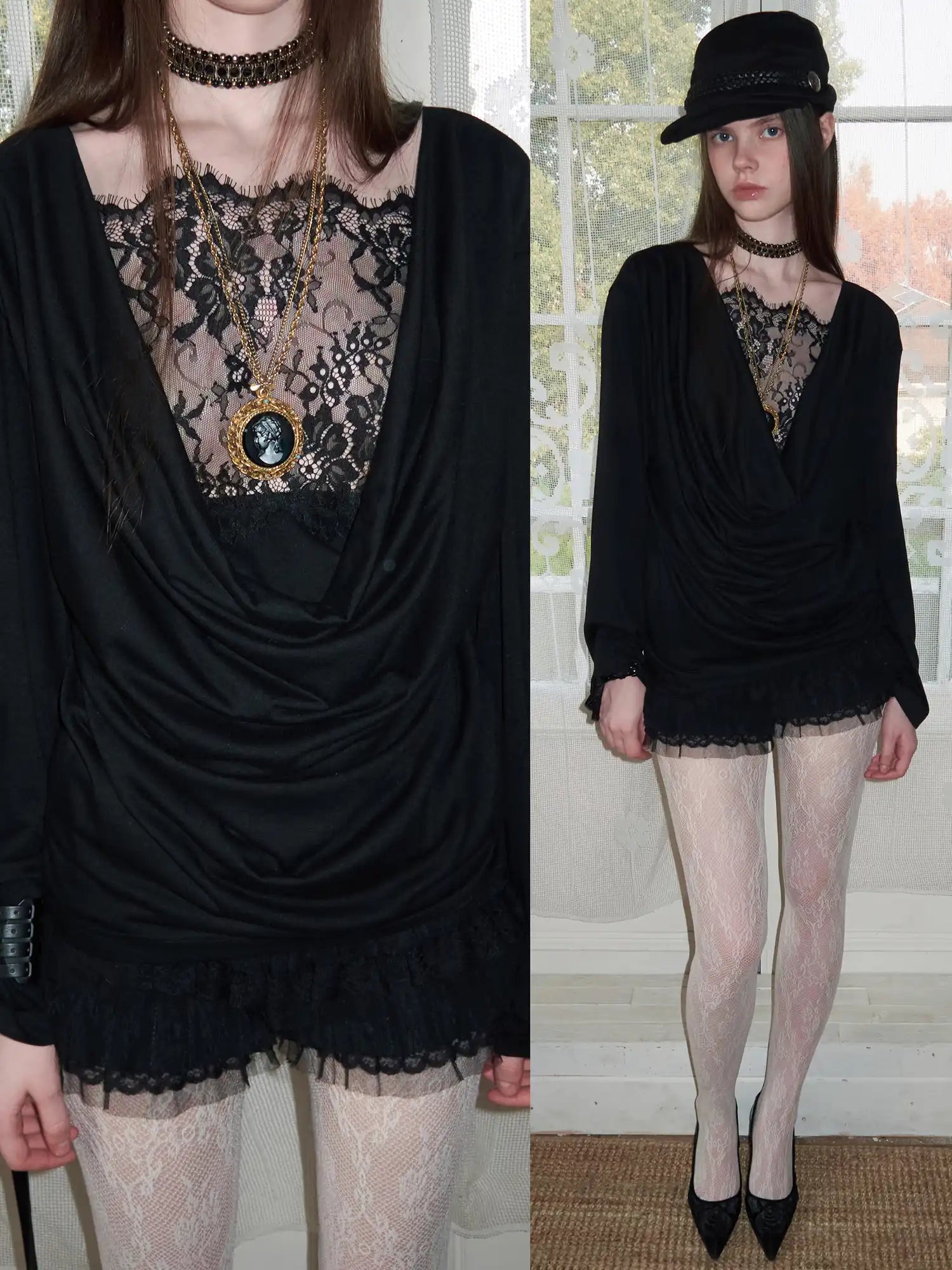 1Jinn Studio Coquette Y2K Sheer Lace Cowl Back Long Sleeve Top | Canton Collective