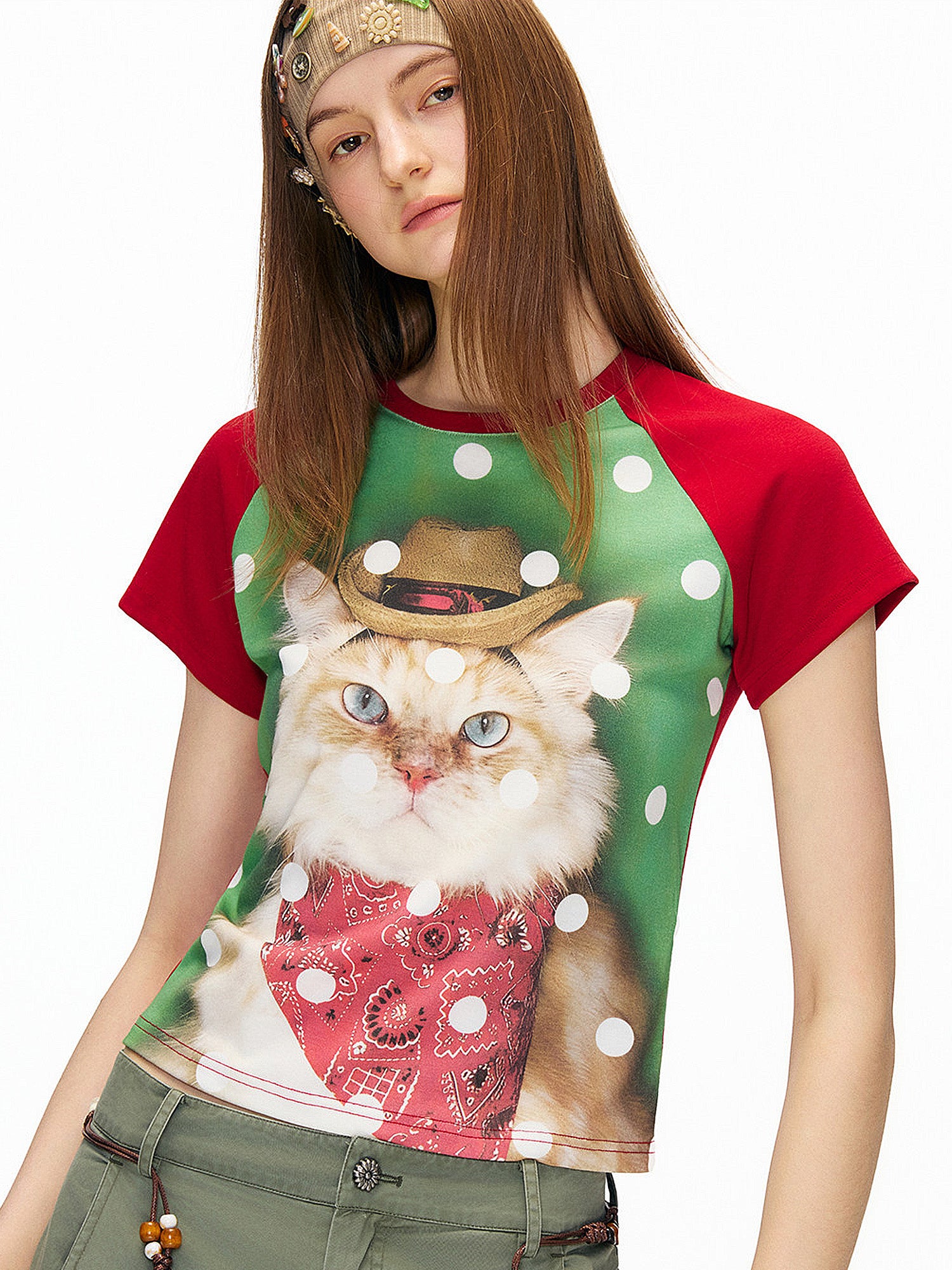 Outtheblue Cowboy Cat Polka Dots Cropped Raglan Tee | Canton Collective
