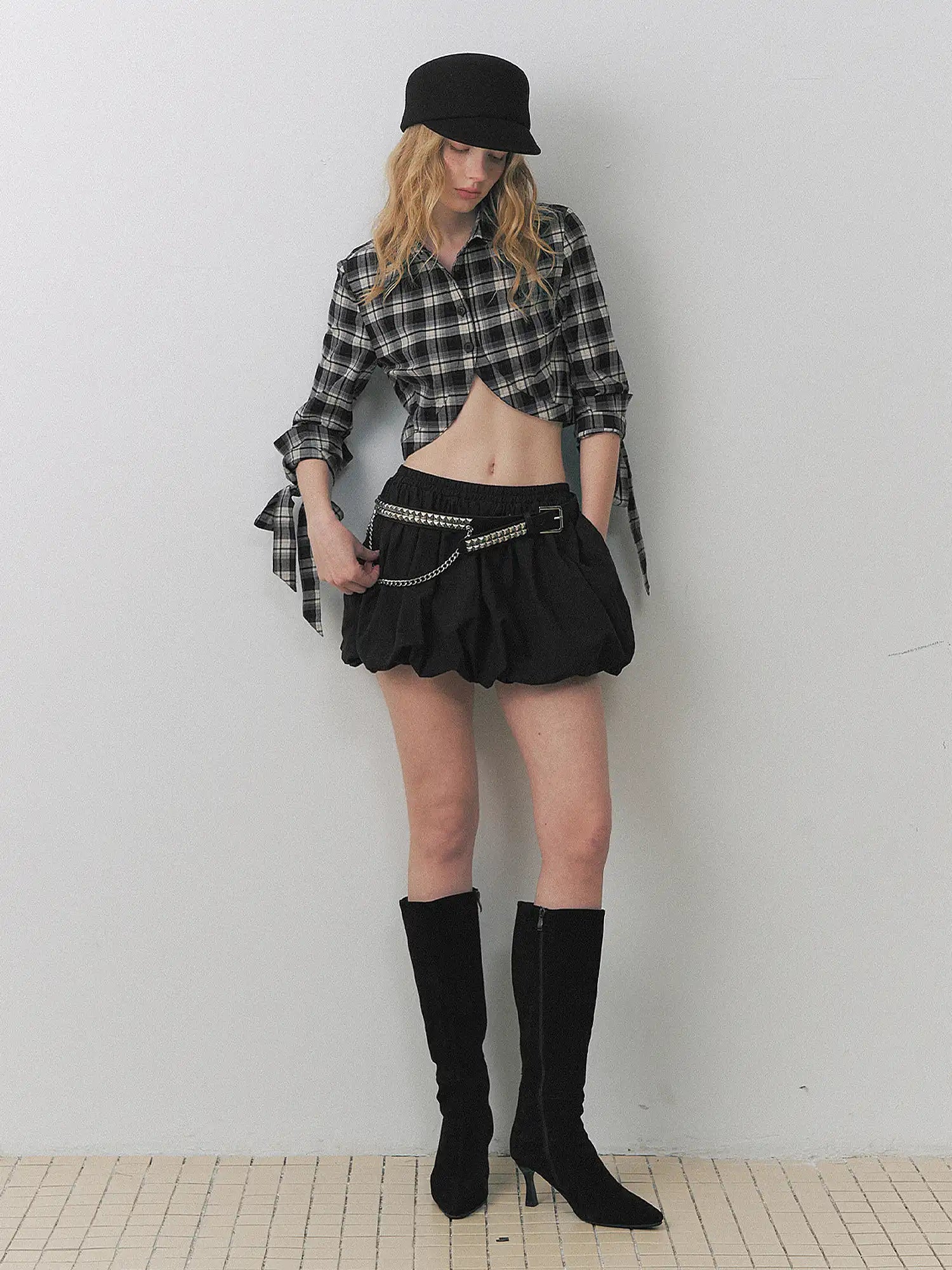 Deleteex Cropped Curved Hem Check Mini Blouse | Canton Collective