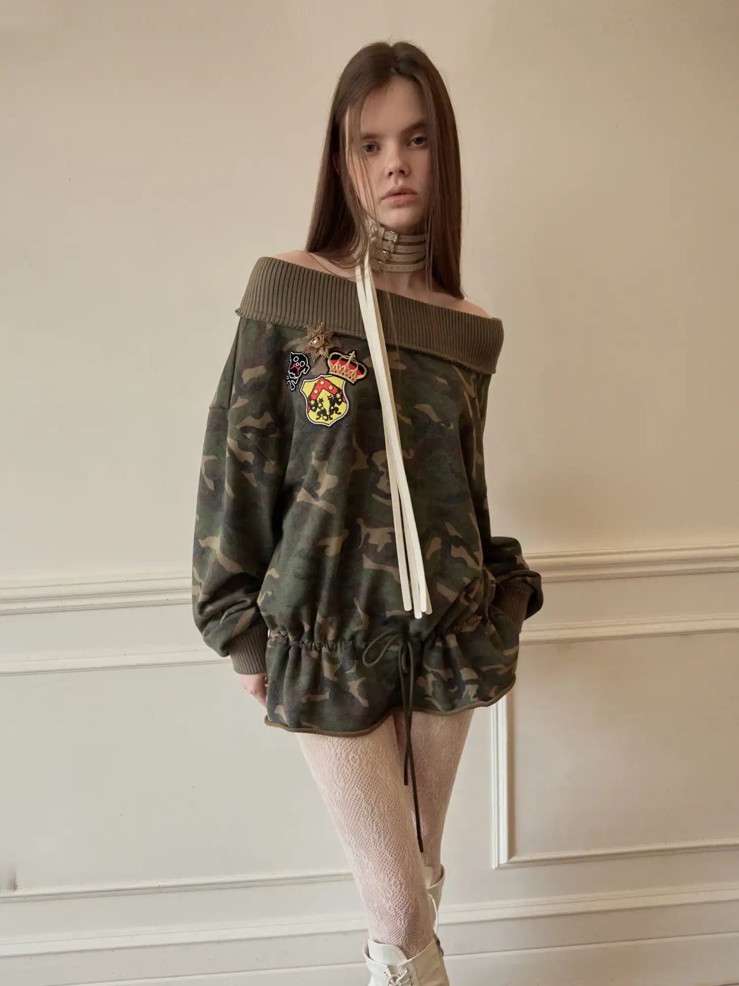 1Jinn Studio Dark Camo Hoodie Off Shoulder Ribbed Collar Top | Canton Collective