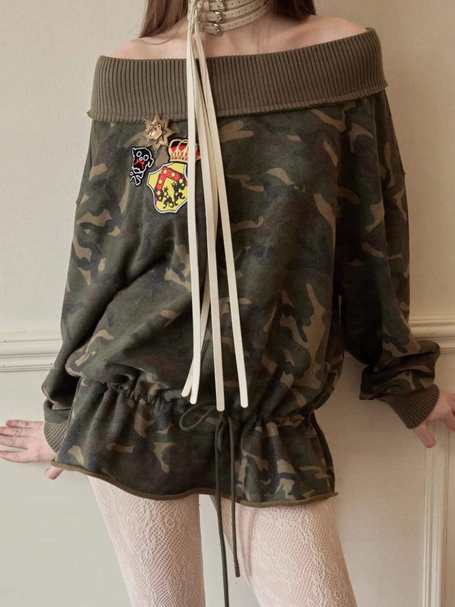 1Jinn Studio Dark Camo Hoodie Off Shoulder Ribbed Collar Top | Canton Collective