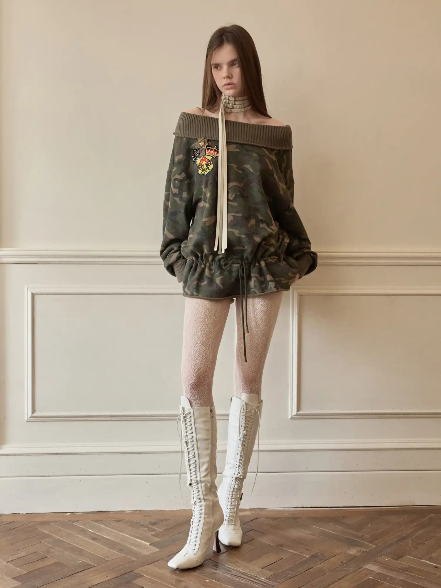 1Jinn Studio Dark Camo Hoodie Off Shoulder Ribbed Collar Top | Canton Collective