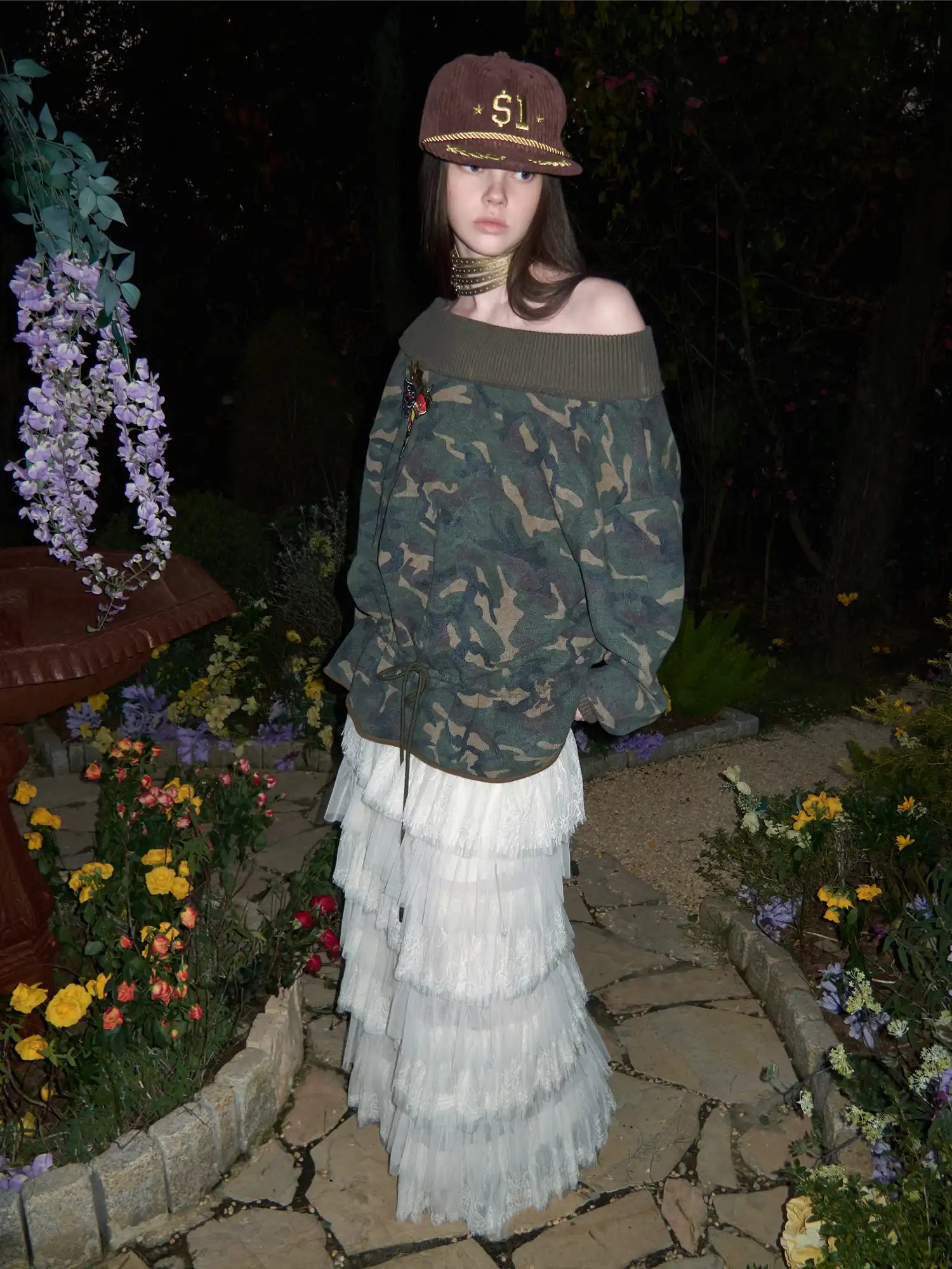 1Jinn Studio Dark Camo Hoodie Off Shoulder Ribbed Collar Top | Canton Collective