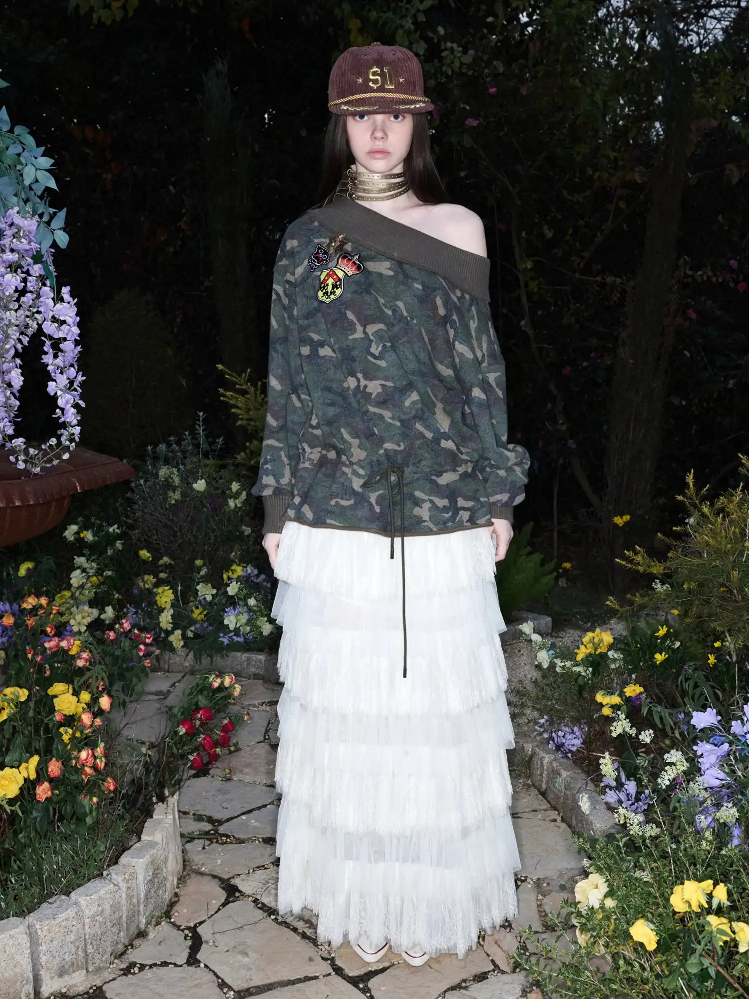 1Jinn Studio Dark Camo Hoodie Off Shoulder Ribbed Collar Top | Canton Collective