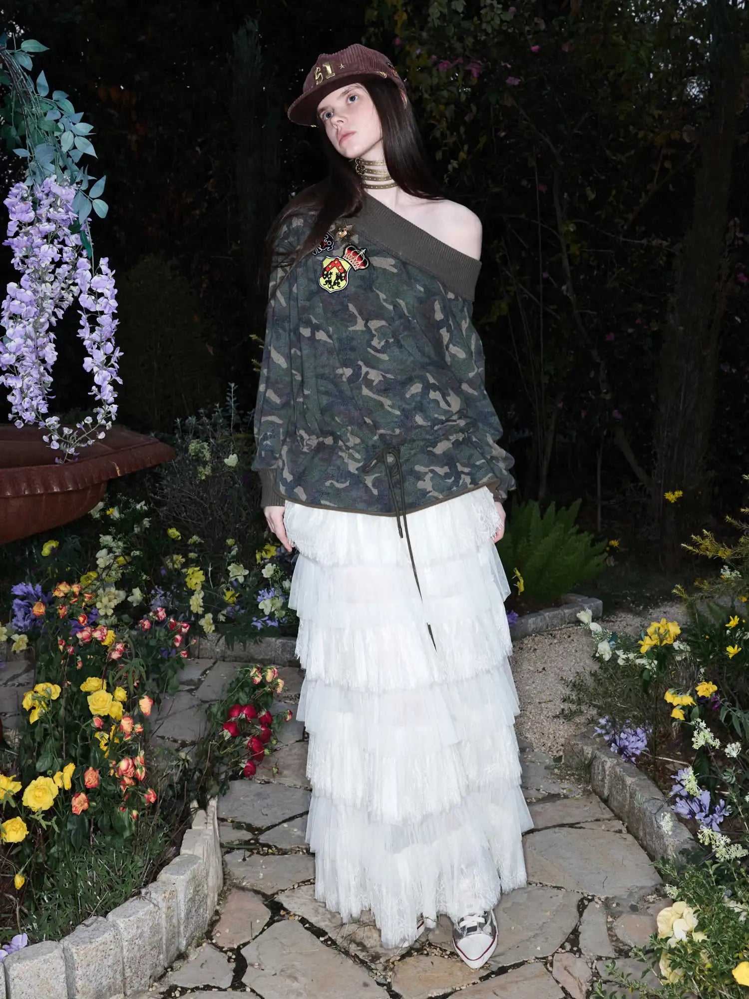 1Jinn Studio Dark Camo Hoodie Off Shoulder Ribbed Collar Top | Canton Collective