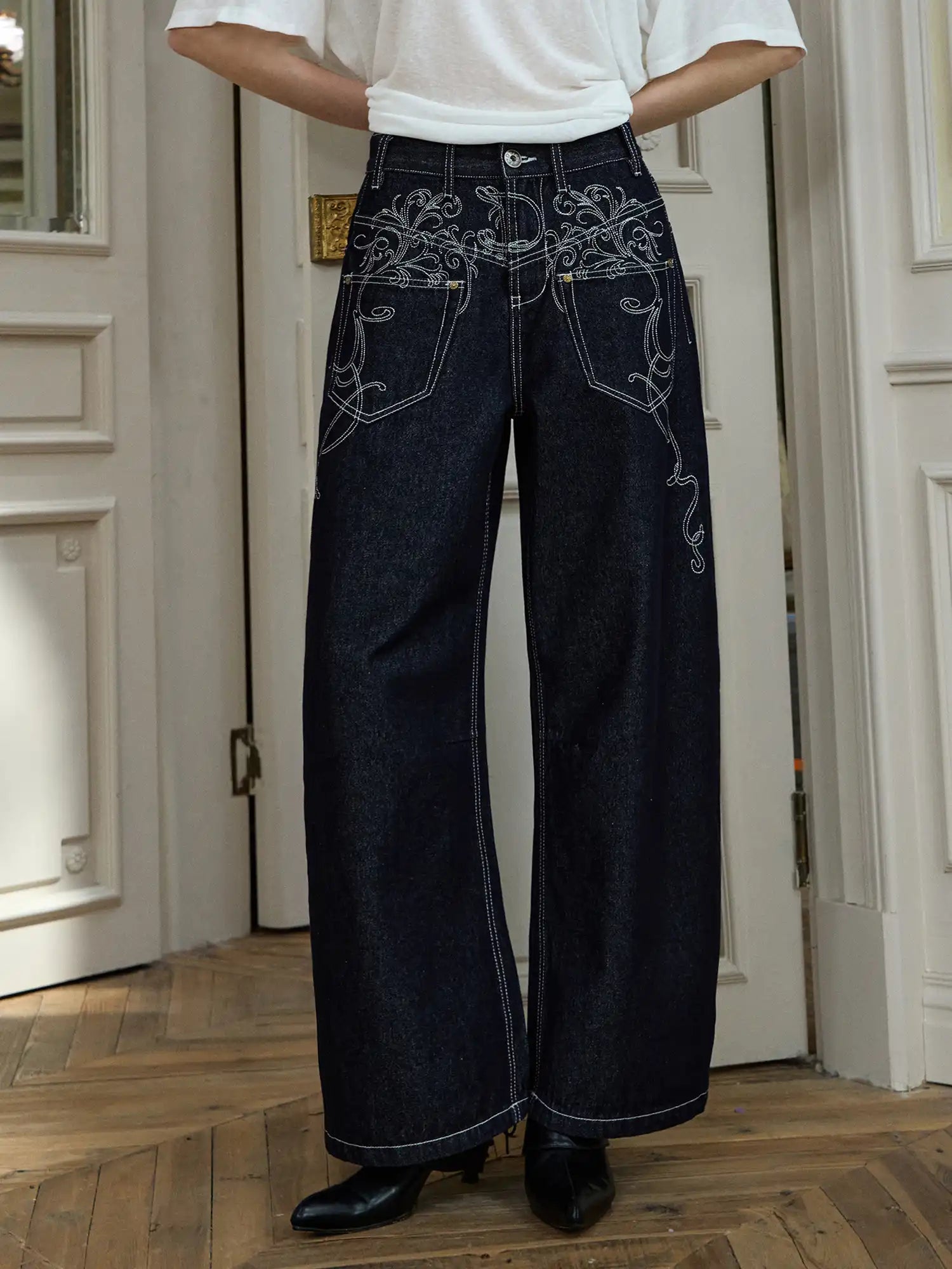 Deleteex Deconstructed Embroidered Low Rise Wide Leg Jeans | Canton Collective