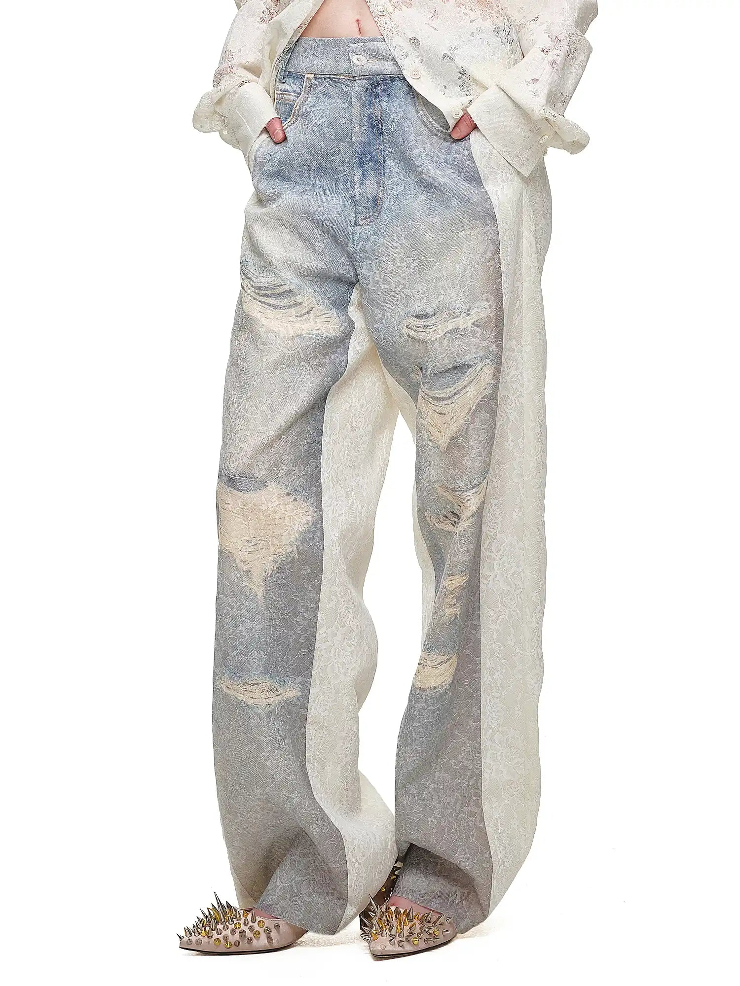 1Jinn Studio Distressed Lace-Panel Baggy Jeans | Canton Collective