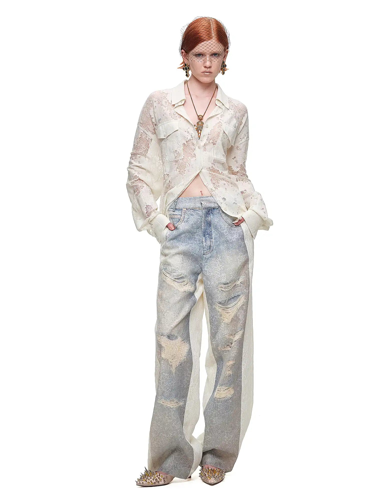 1Jinn Studio Distressed Lace-Panel Baggy Jeans | Canton Collective